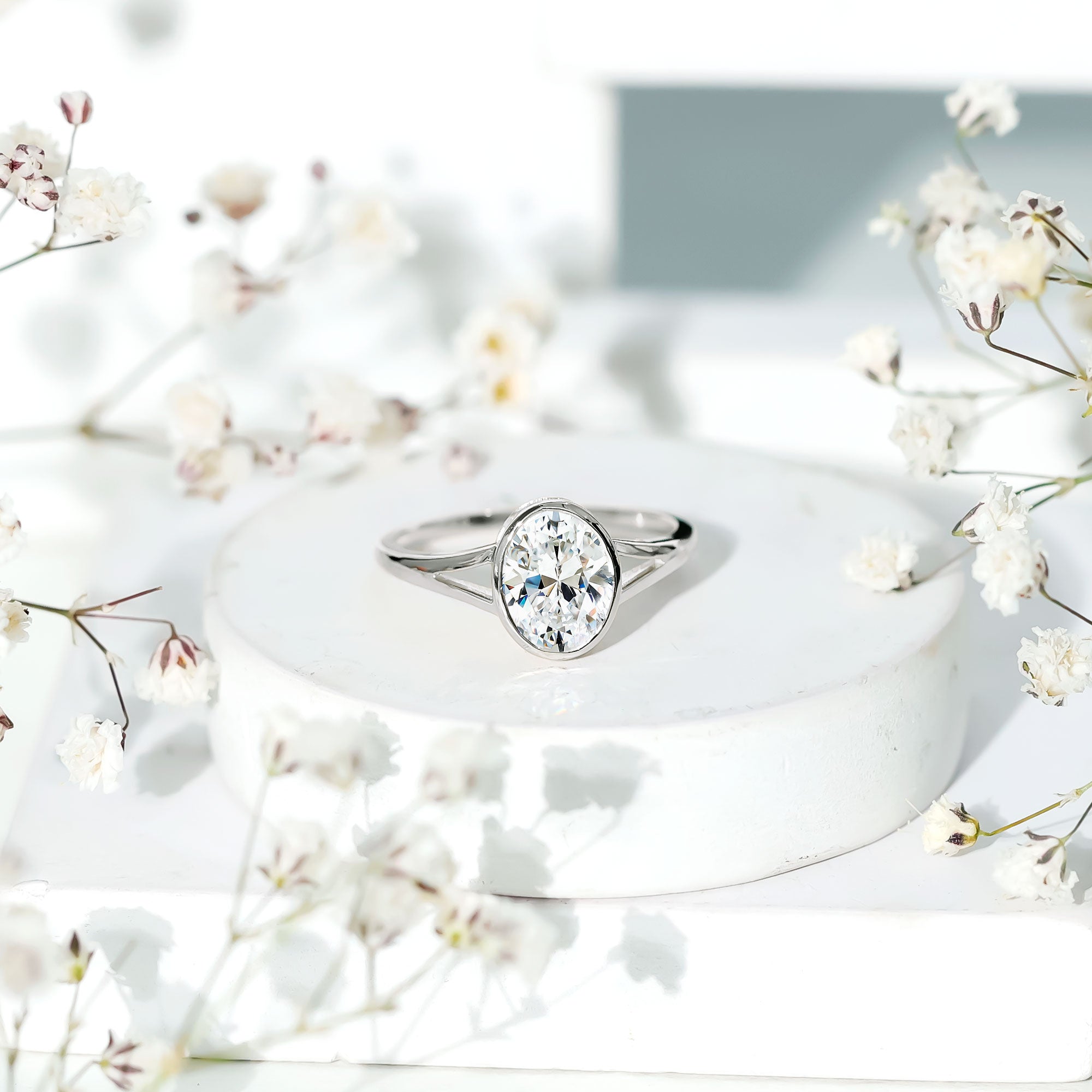 Rosec Jewels-Bezel Set Oval Lab Created Diamond Solitaire Ring For Women