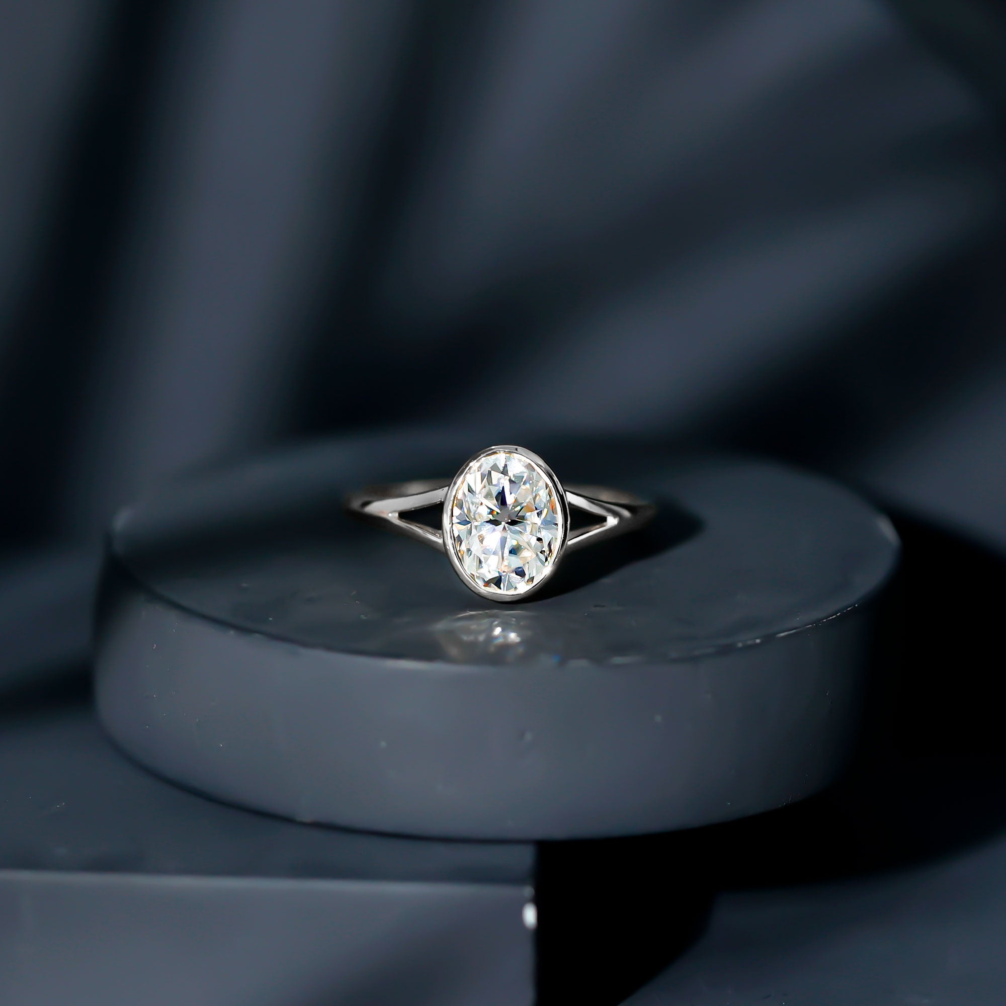 Bezel Set Oval Lab Created Diamond Solitaire Ring For Women Lab - ( EF-VS ) - Rosec Jewels