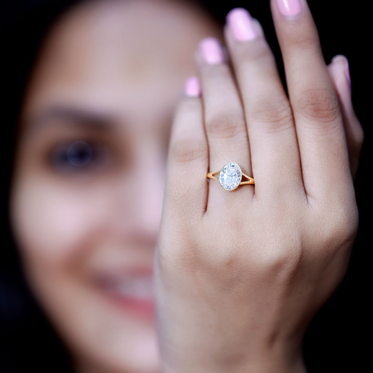 2 Carat Bezel Set Oval Lab Created Diamond Solitaire Ring with IGI Certificate Lab - ( E-VS1 ) - Rosec Jewels