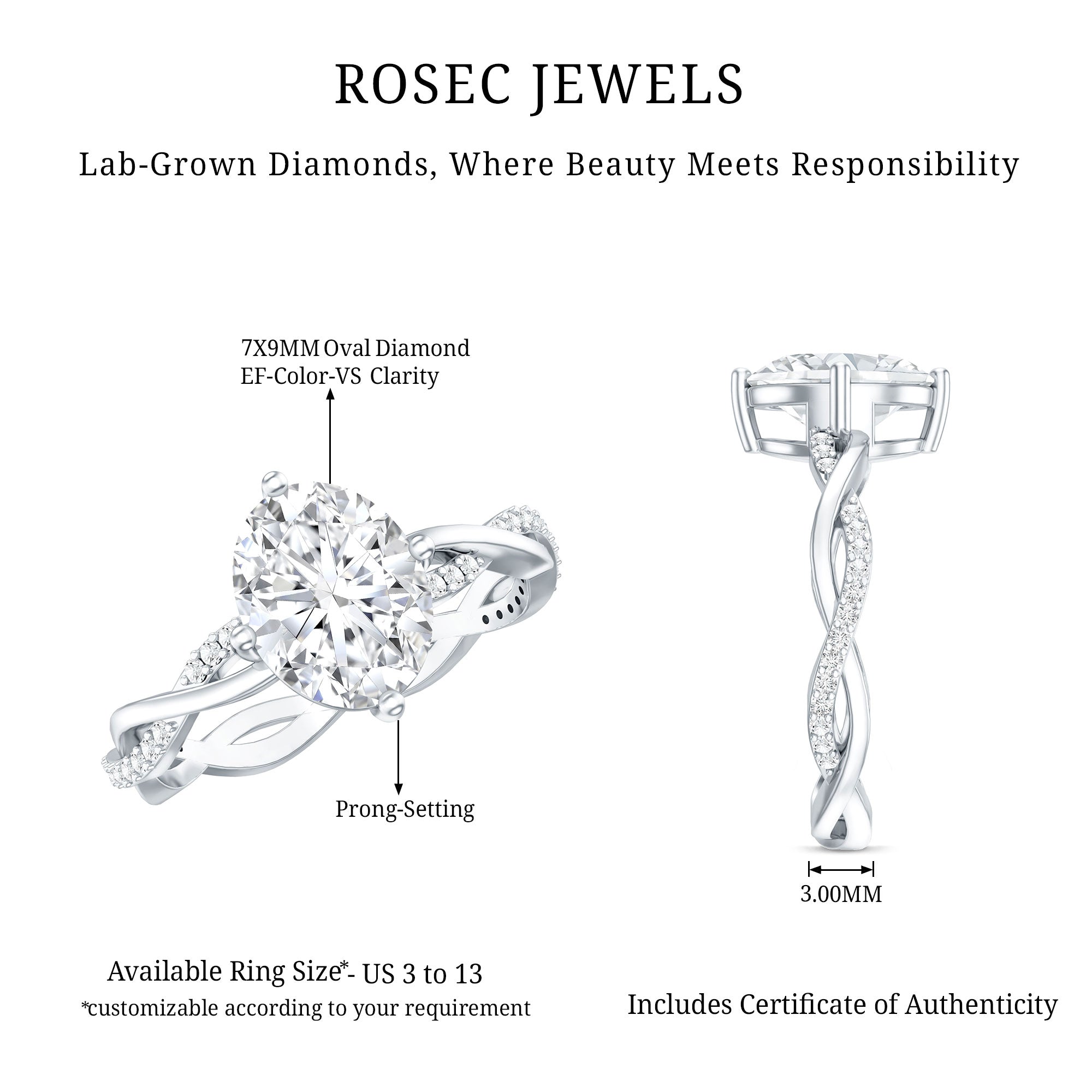 Lab Grown Diamond Oval Engagement Ring With Braided Style Band Lab - ( EF-VS ) - Rosec Jewels
