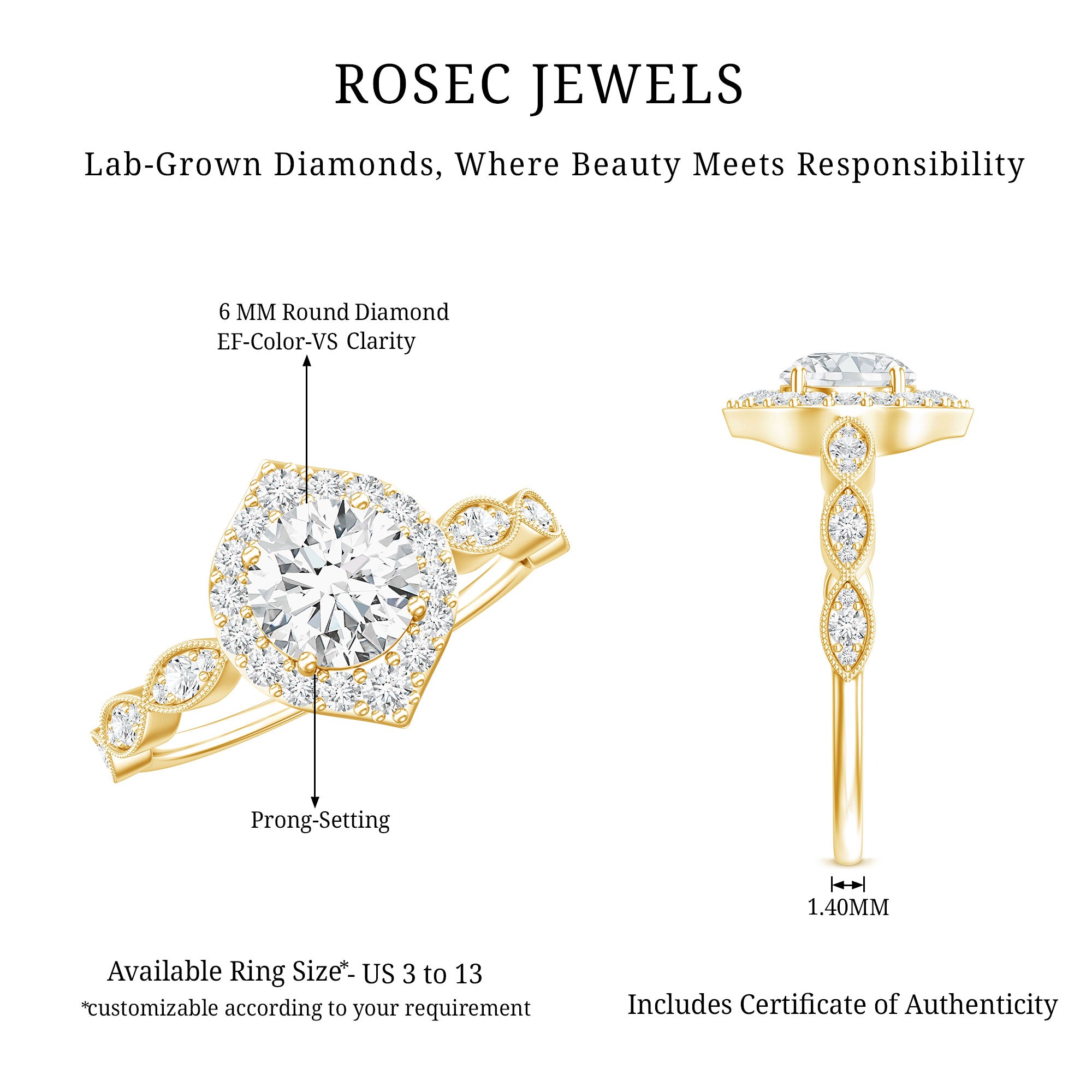Brilliant Cut Lab Grown Diamond Vintage Solitaire Ring Lab - ( EF-VS ) - Rosec Jewels
