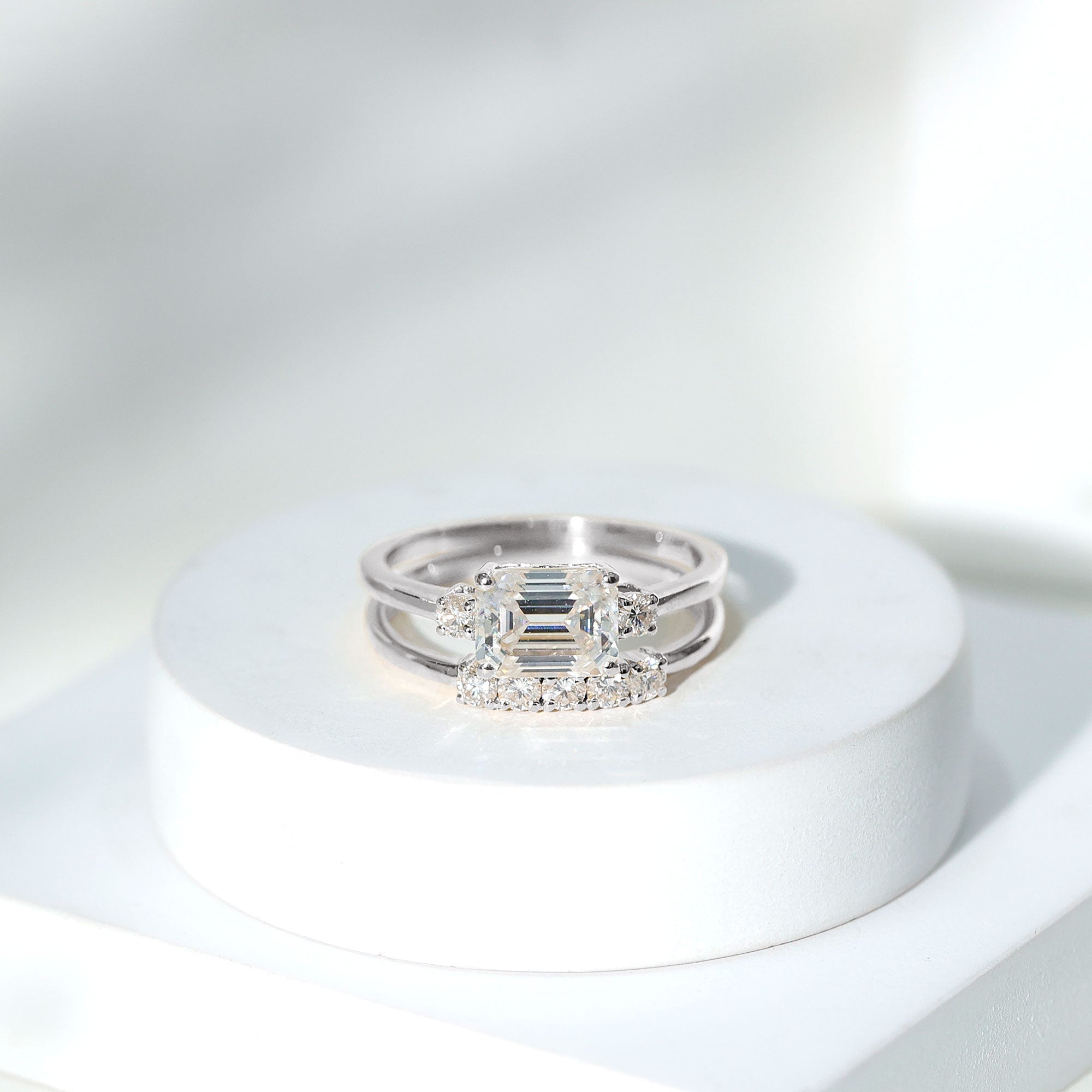 Lab Diamond Emerald Cut Engagement Ring With Band Lab - ( EF-VS ) - Rosec Jewels