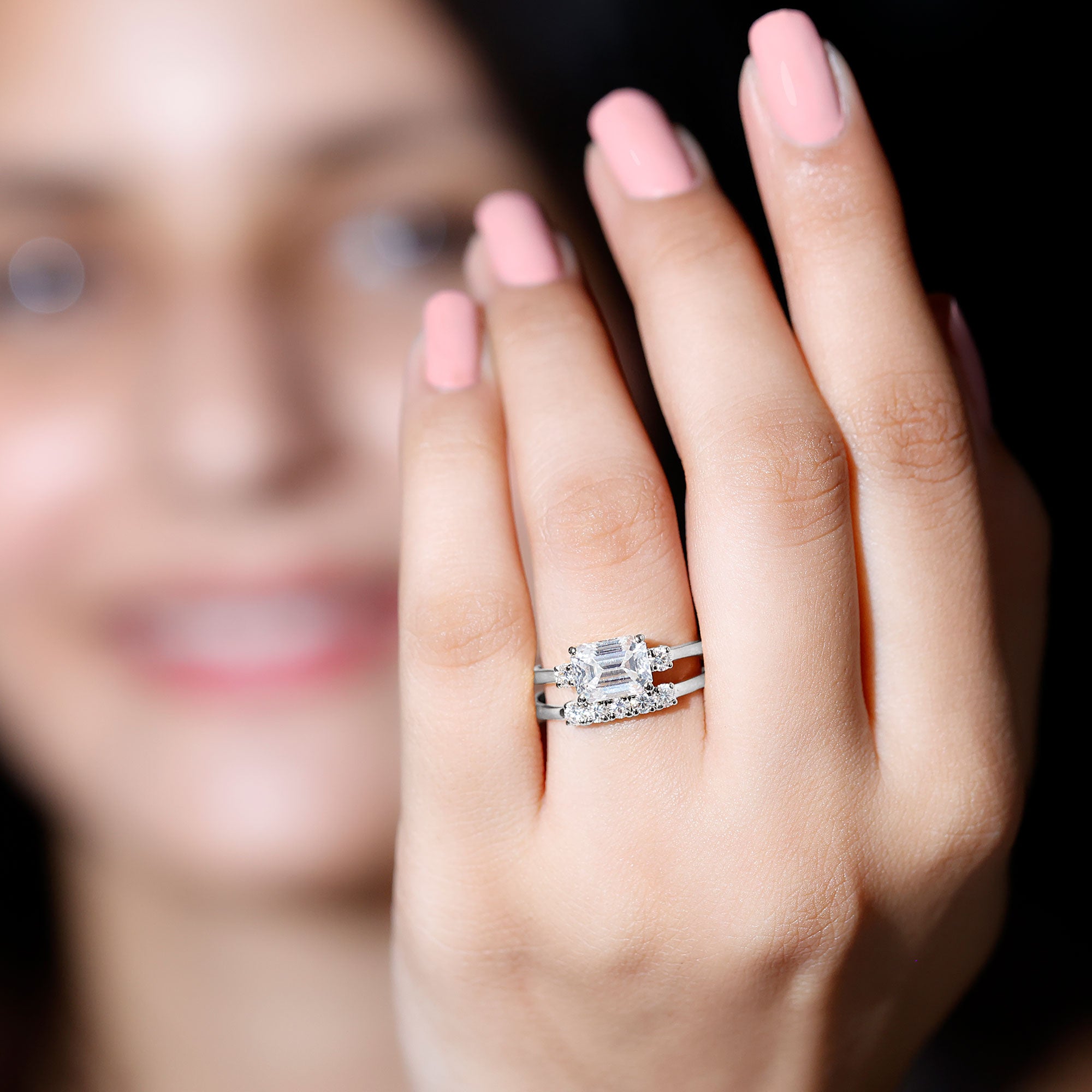 Lab Diamond Emerald Cut Engagement Ring With Band Lab - ( EF-VS ) - Rosec Jewels