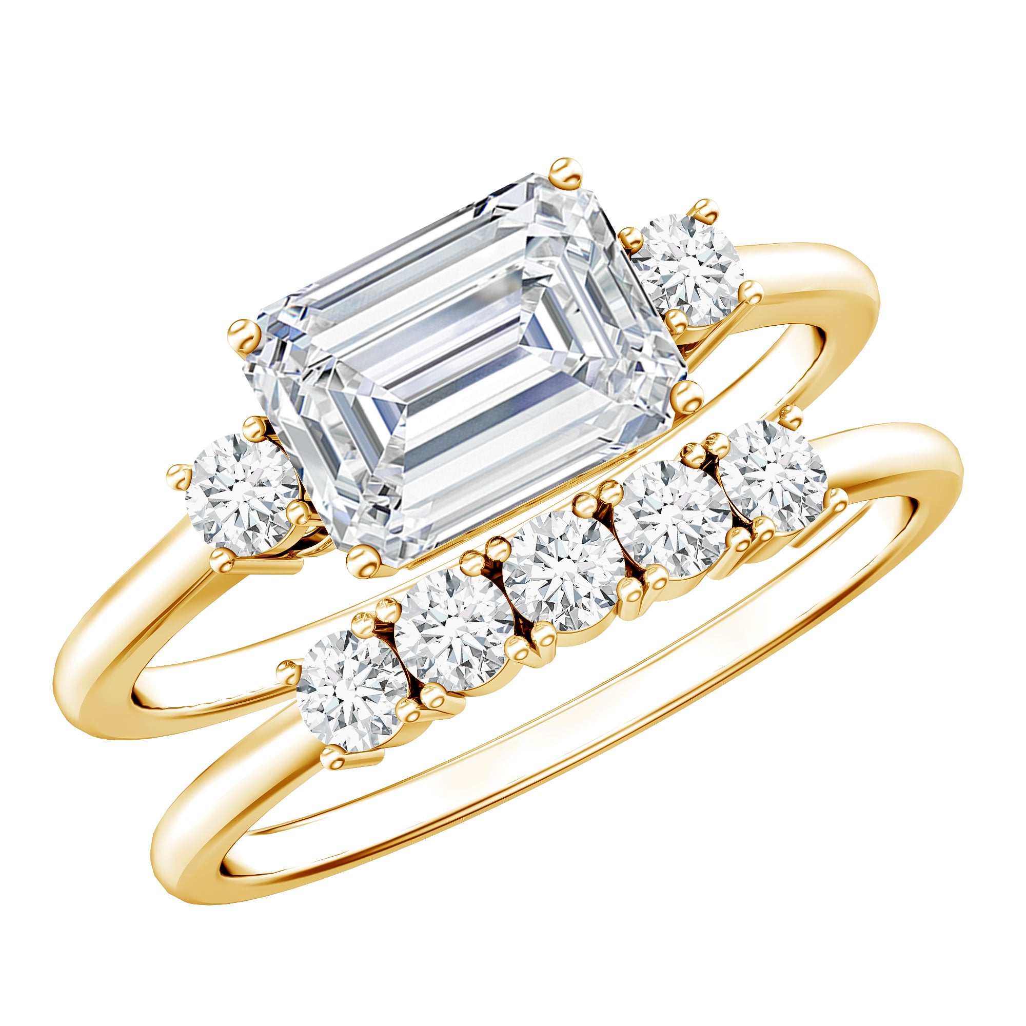 Lab Diamond Emerald Cut Engagement Ring With Band Lab - ( EF-VS ) - Rosec Jewels