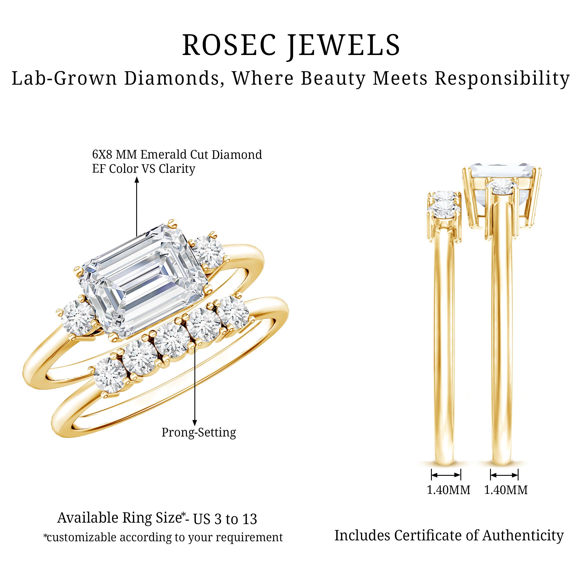 Lab Diamond Emerald Cut Engagement Ring With Band Lab - ( EF-VS ) - Rosec Jewels