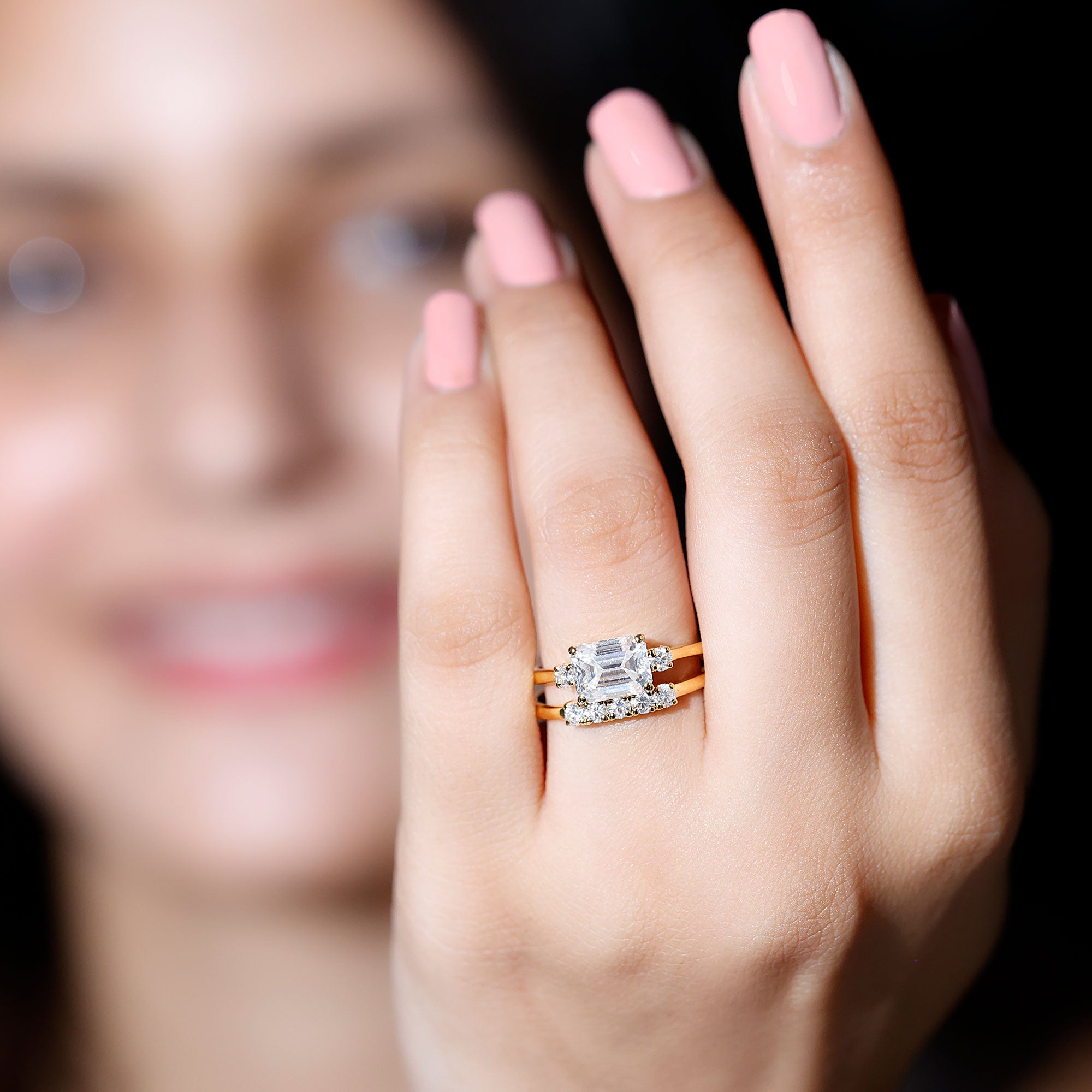Lab Diamond Emerald Cut Engagement Ring With Band Lab - ( EF-VS ) - Rosec Jewels