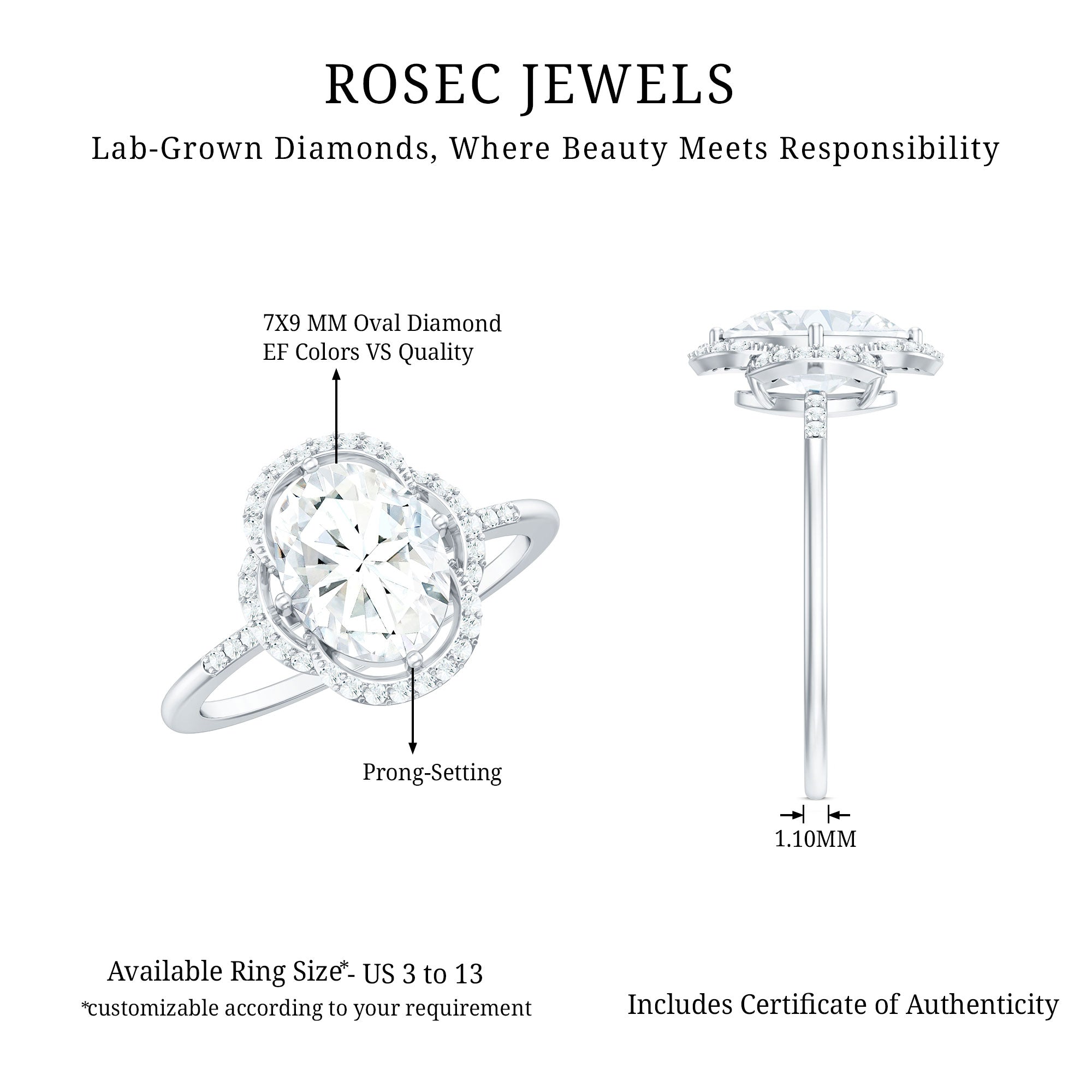 Rosec Jewels-Brilliant Cut Oval Lab Grown Diamond Halo Engagement Ring