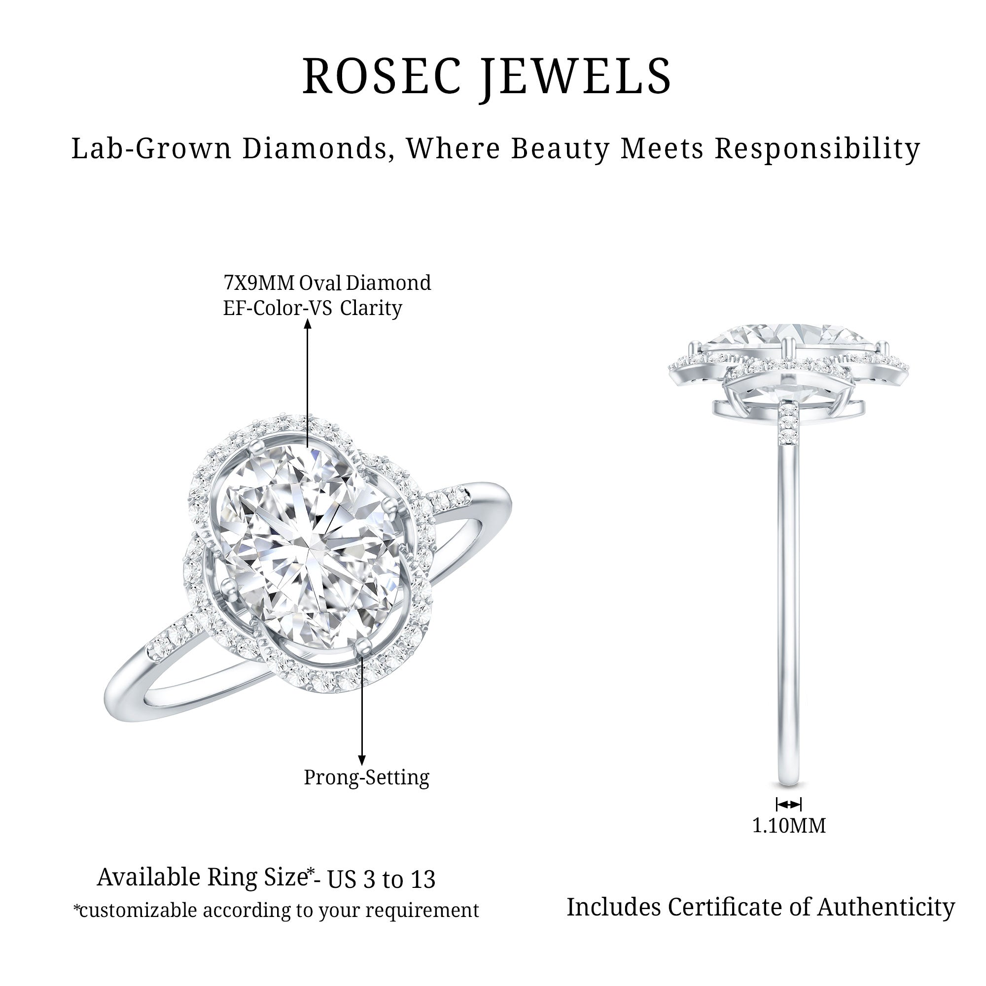 Brilliant Cut Oval Lab Grown Diamond Halo Engagement Ring Lab - ( EF-VS ) - Rosec Jewels