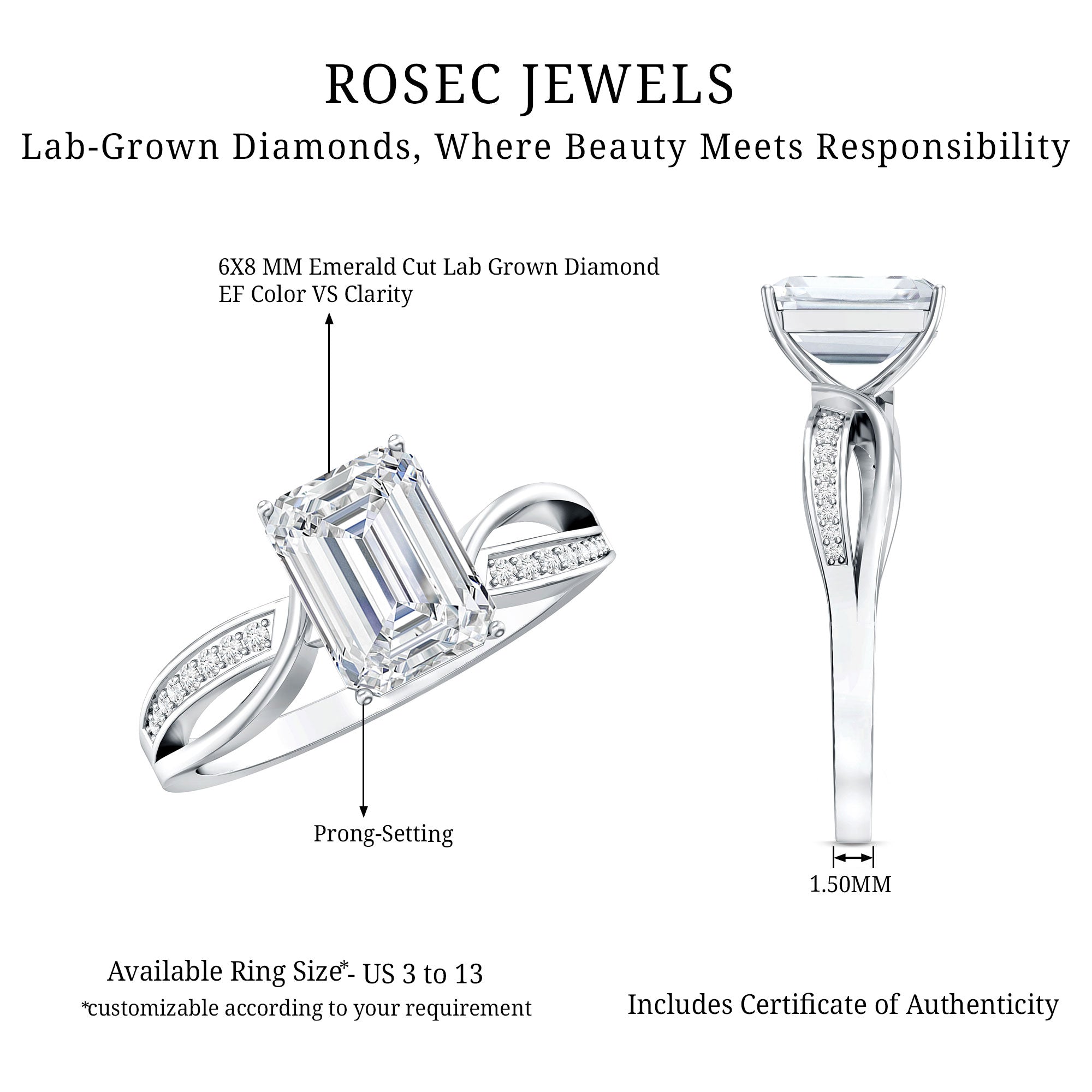 Certified Emerald Cut Diamond Infinity Engagement Ring Lab - ( EF-VS ) - Rosec Jewels