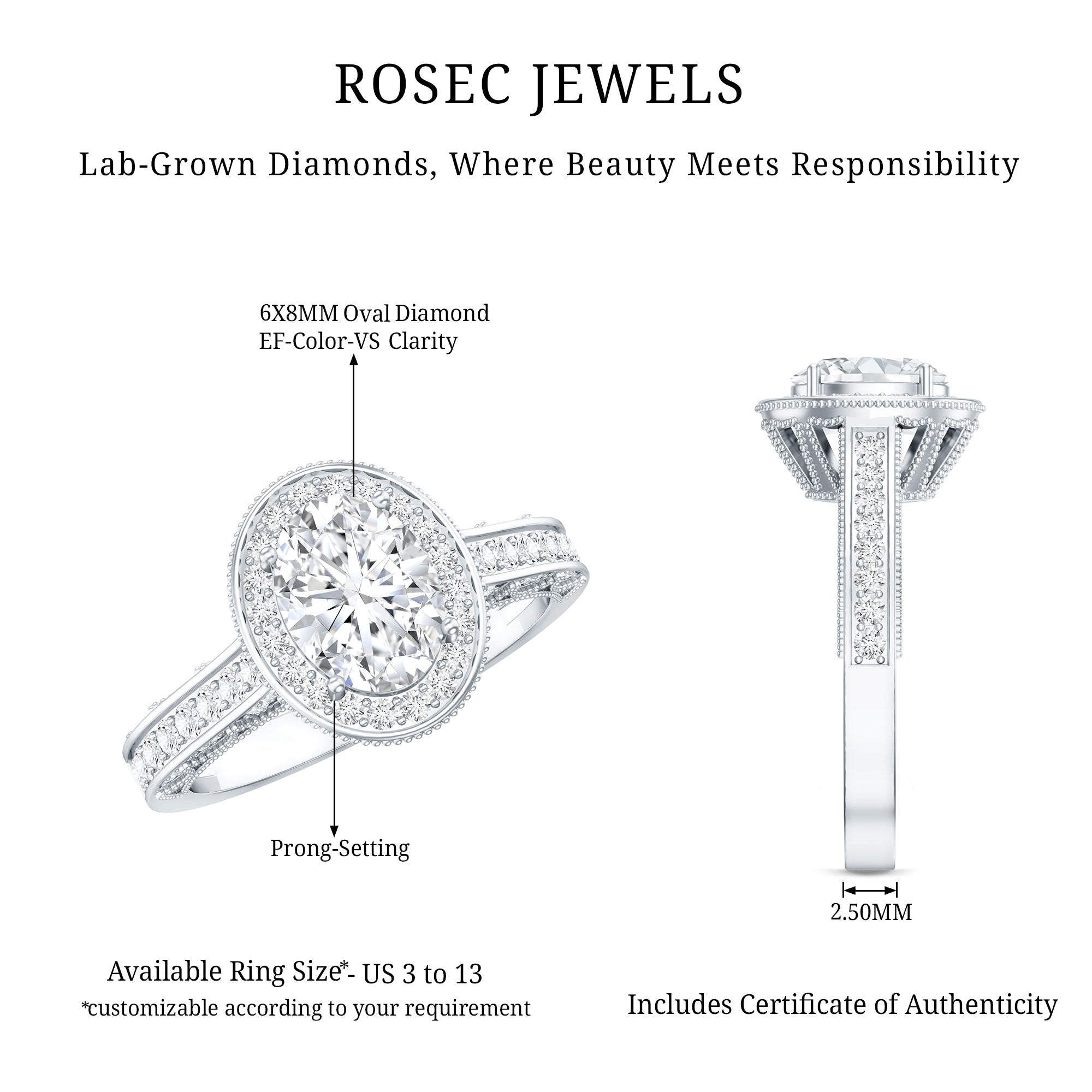 6X8 mm Oval Lab Grown Diamond Halo Engagement Ring Lab - ( EF-VS ) - Rosec Jewels