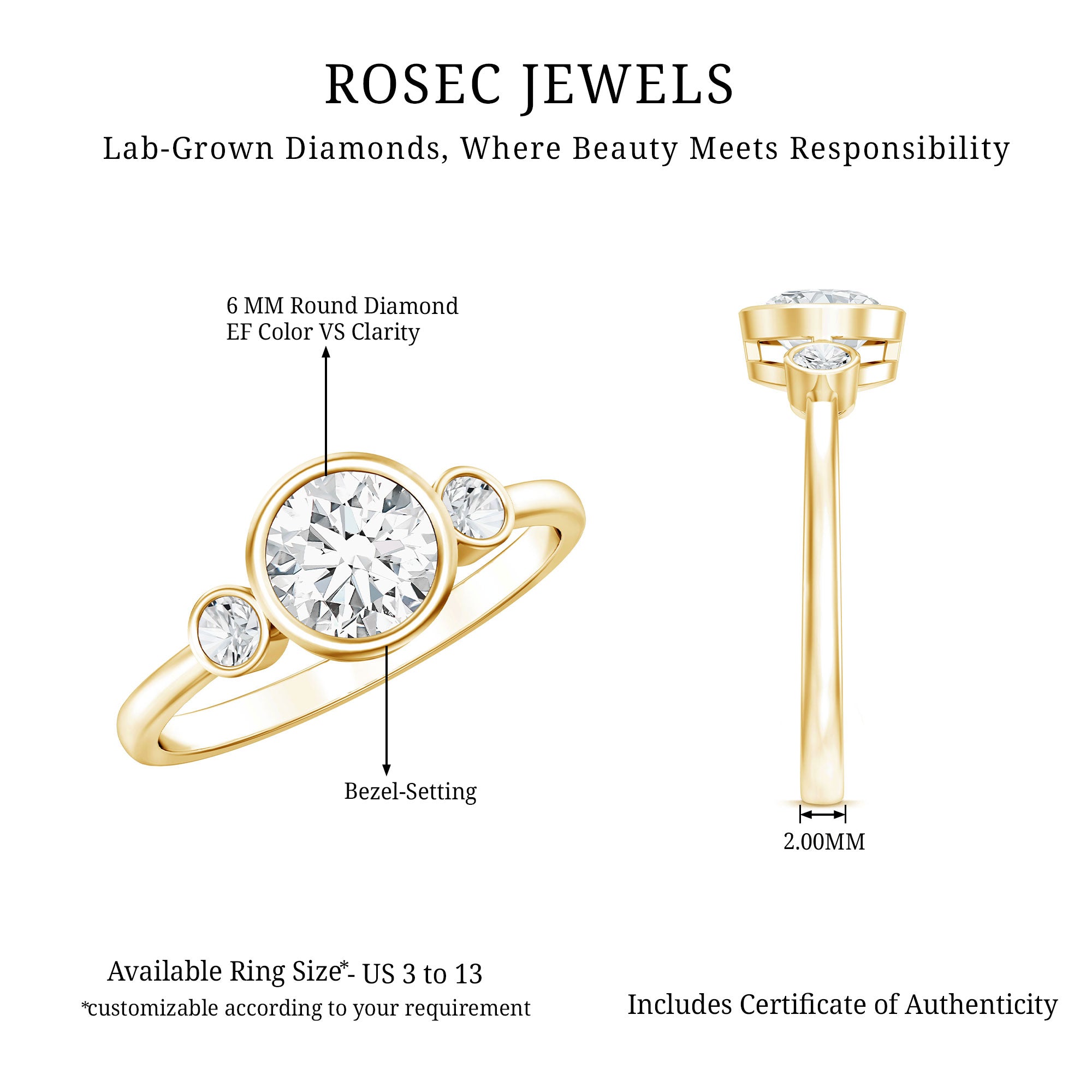 Lab Created Diamond Bezel Set Engagement Ring for Her Lab - ( EF-VS ) - Rosec Jewels