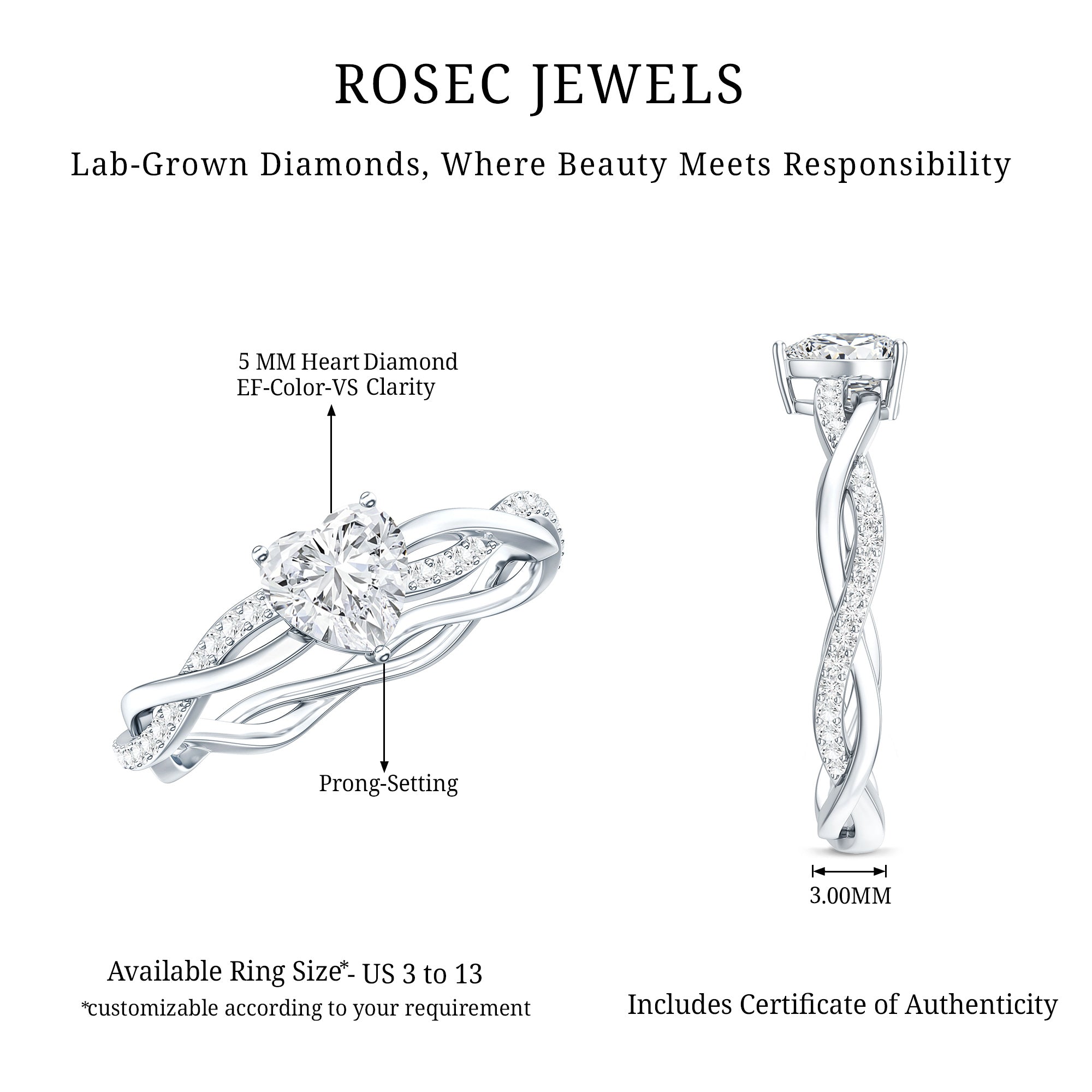 5 MM Heart Shaped Diamond Ring For Women Lab - ( EF-VS ) - Rosec Jewels