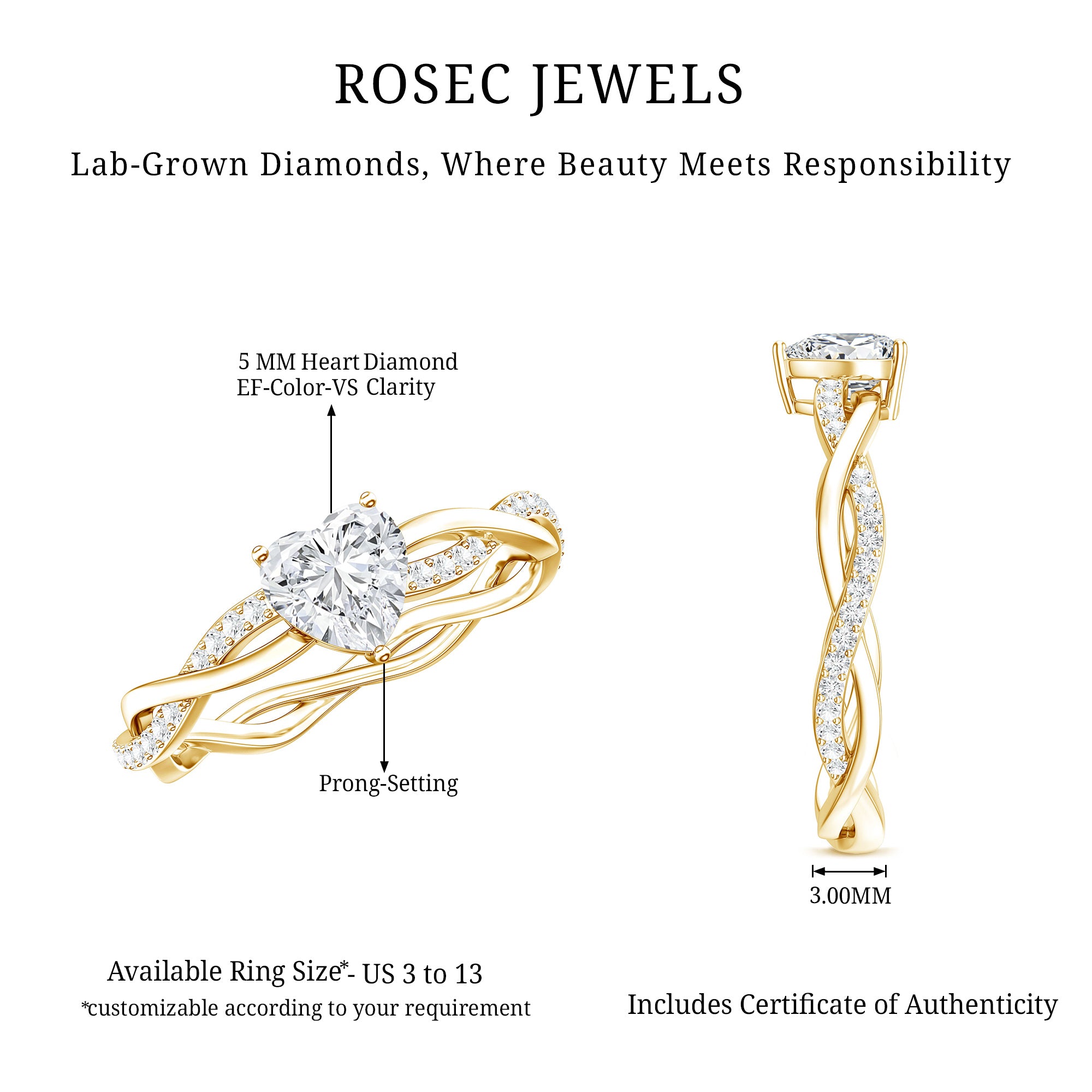 0.5 Carat Heart Shaped Diamond Ring For Women Lab - ( EF-VS ) - Rosec Jewels