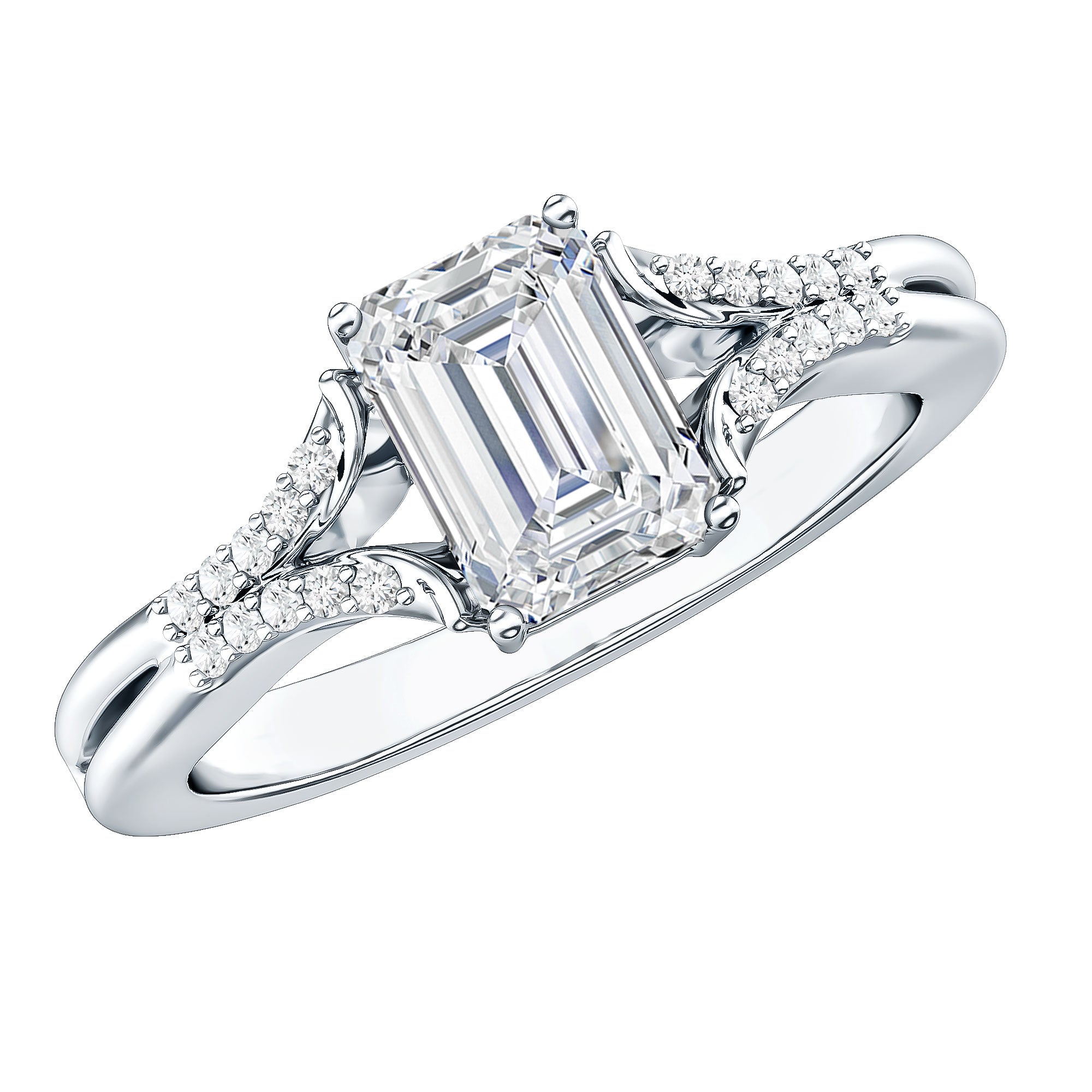 Emerald Cut Lab Diamond Engagement Ring With Split Shank Ring Lab - ( EF-VS ) - Rosec Jewels