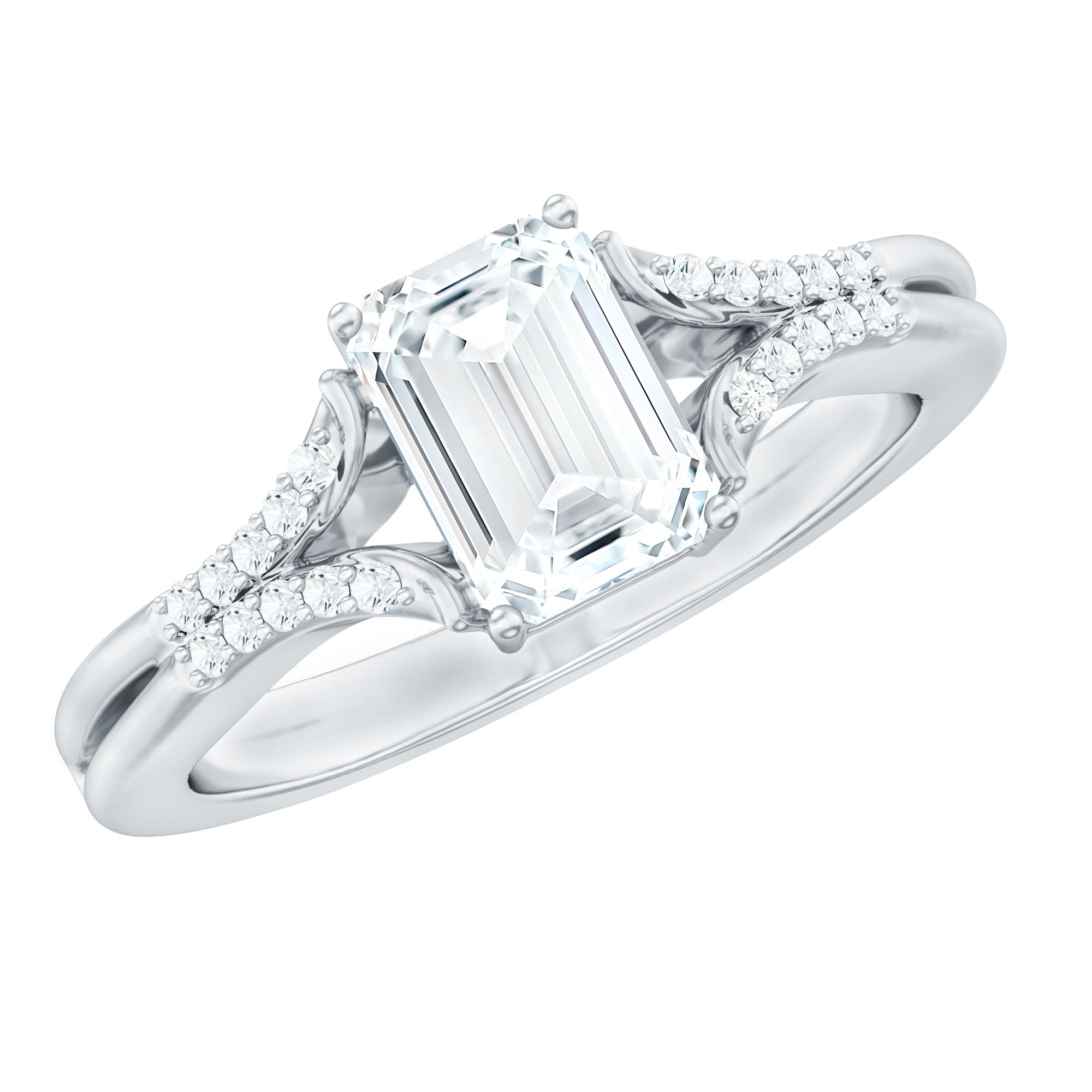 Emerald Cut Lab Diamond Engagement Ring With Split Shank Ring Lab - ( EF-VS ) - Rosec Jewels