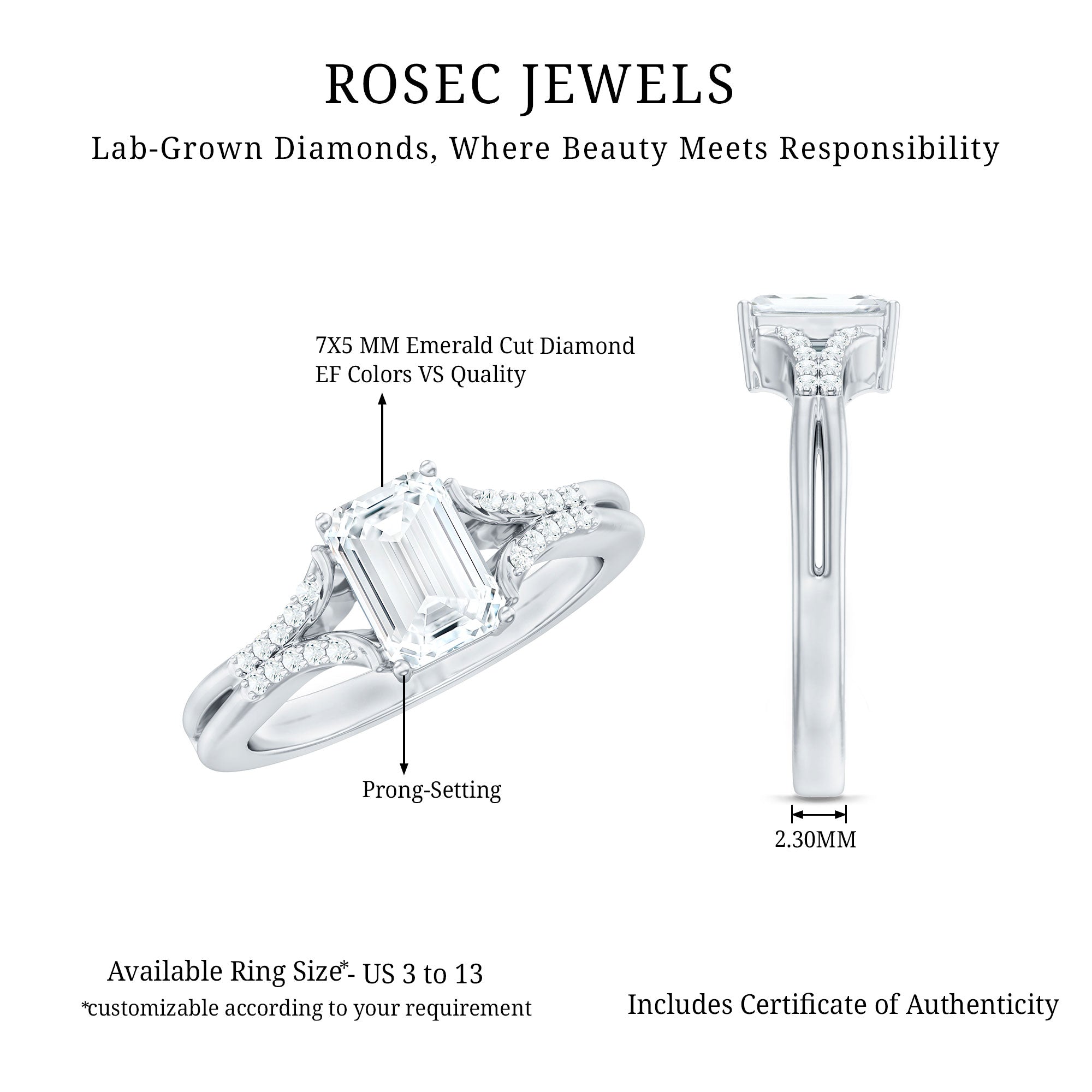 Emerald Cut Lab Diamond Engagement Ring With Split Shank Ring Lab - ( EF-VS ) - Rosec Jewels