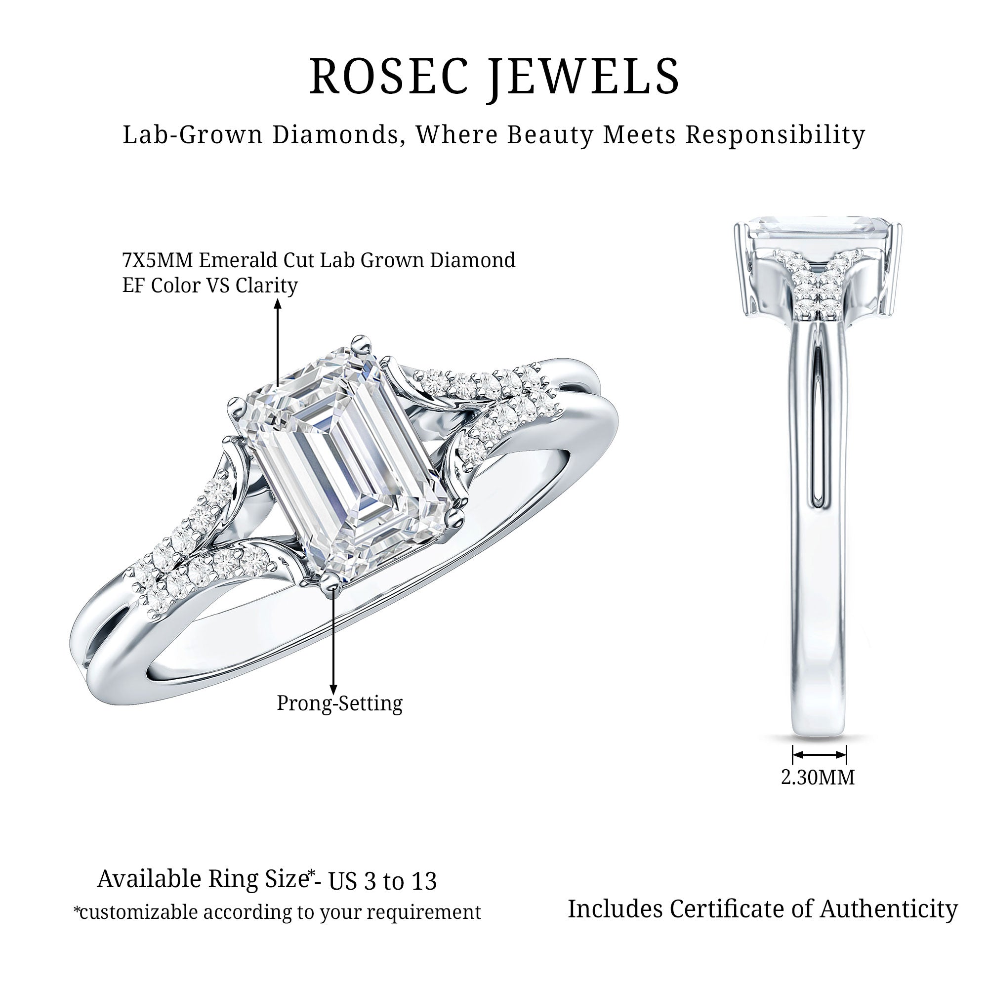 Emerald Cut Lab Diamond Engagement Ring With Split Shank Ring Lab - ( EF-VS ) - Rosec Jewels