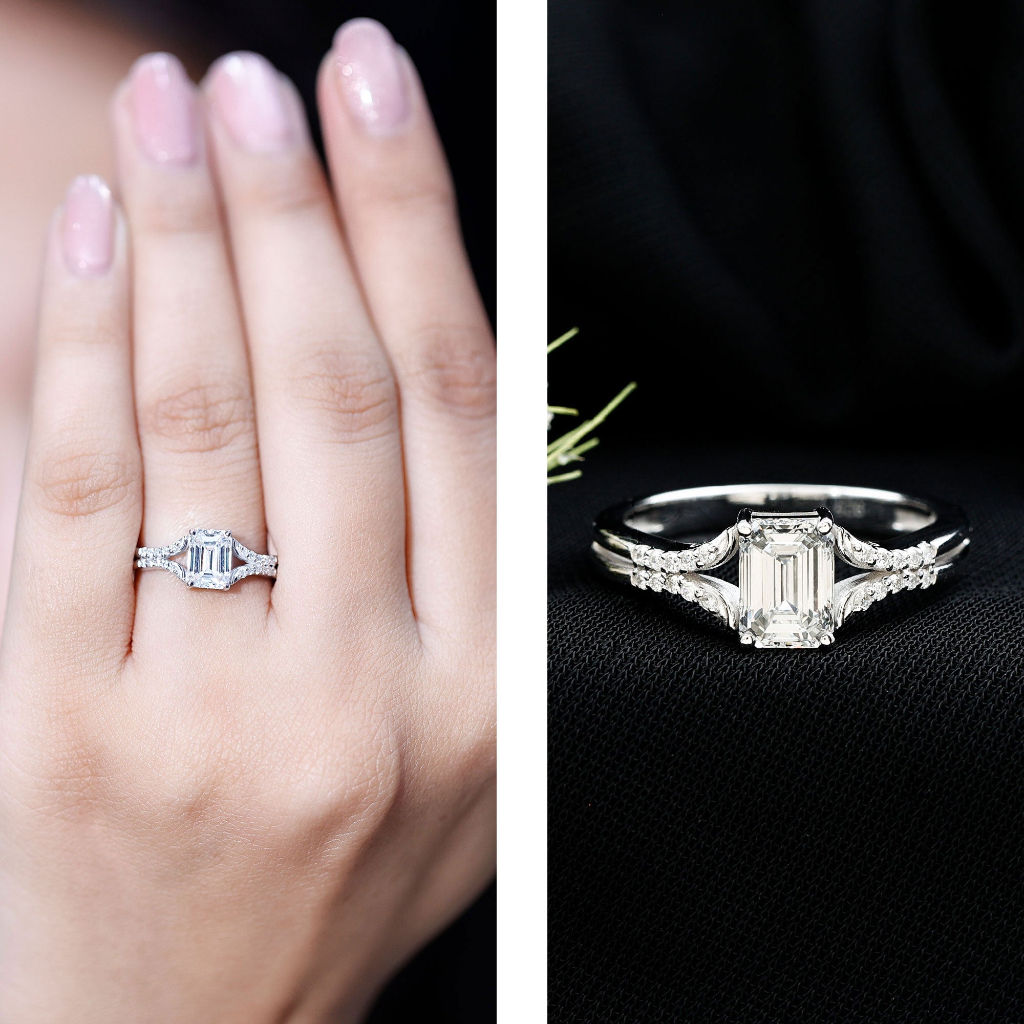 Emerald Cut Lab Diamond Engagement Ring With Split Shank Ring Lab - ( EF-VS ) - Rosec Jewels