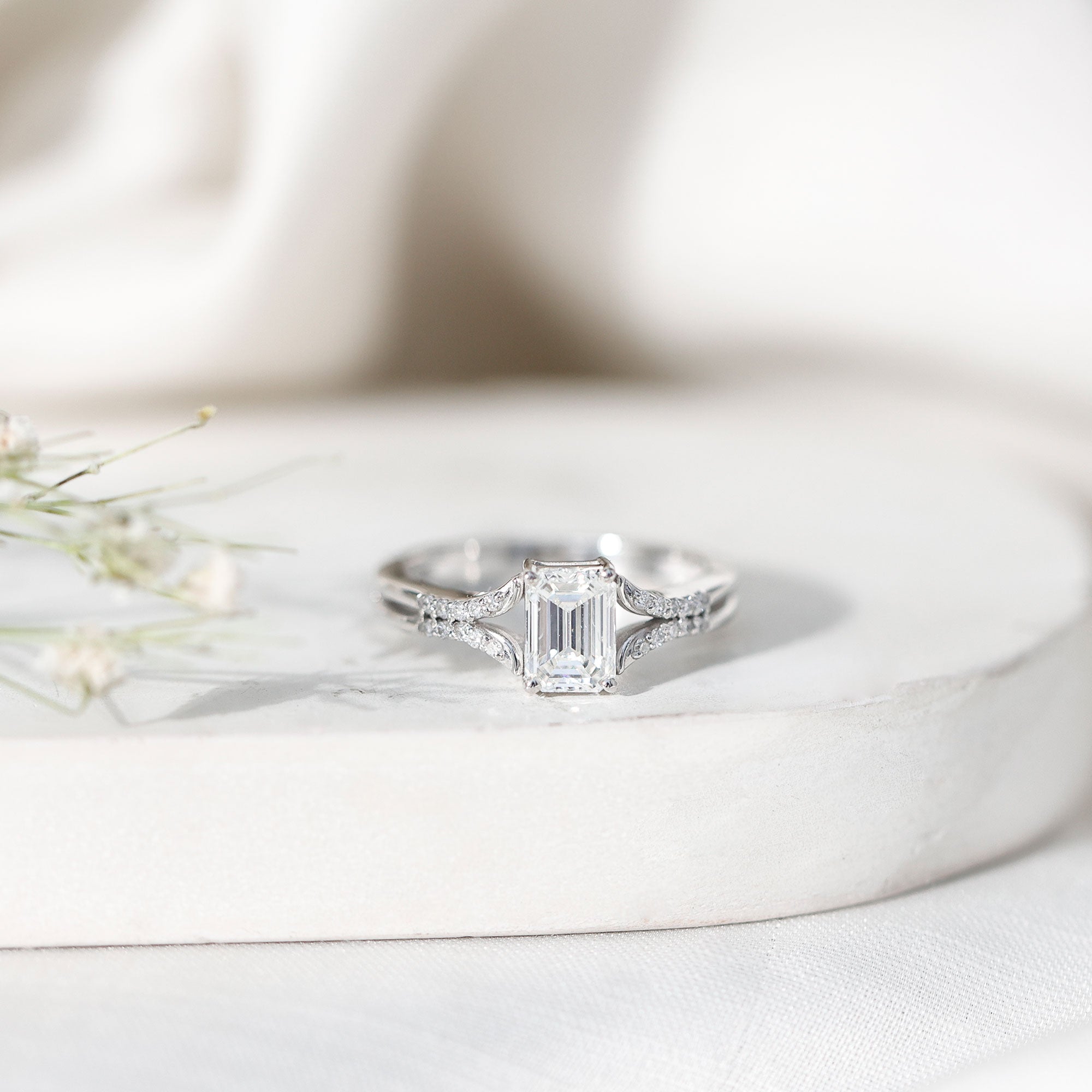 Emerald Cut Lab Diamond Engagement Ring With Split Shank Ring Lab - ( EF-VS ) - Rosec Jewels