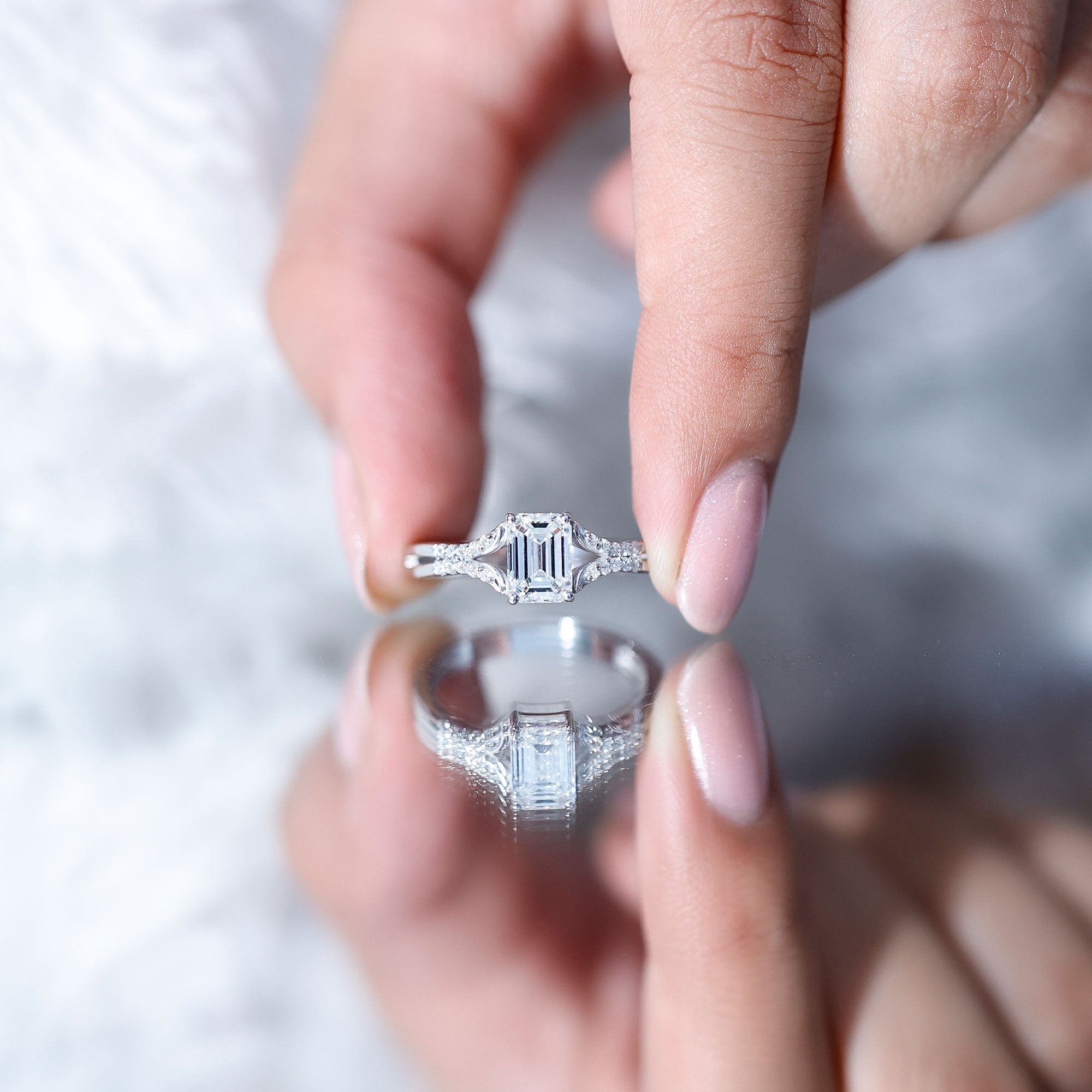 Emerald Cut Lab Diamond Engagement Ring With Split Shank Ring Lab - ( EF-VS ) - Rosec Jewels