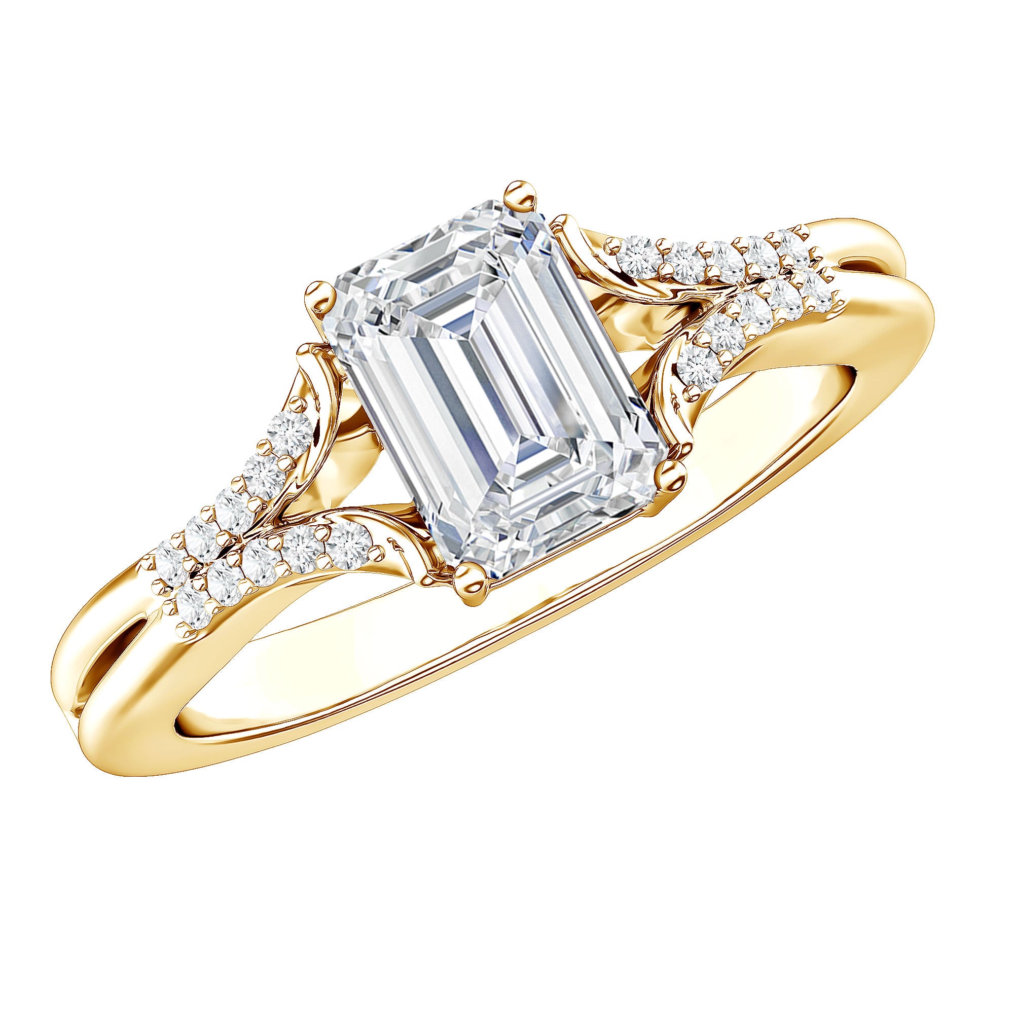 Emerald Cut Lab Diamond Engagement Ring With Split Shank Ring Lab - ( EF-VS ) - Rosec Jewels