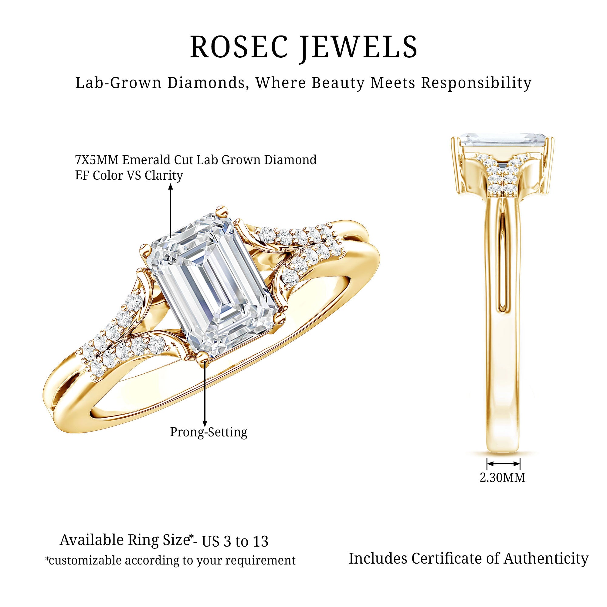 Emerald Cut Lab Diamond Engagement Ring With Split Shank Ring Lab - ( EF-VS ) - Rosec Jewels