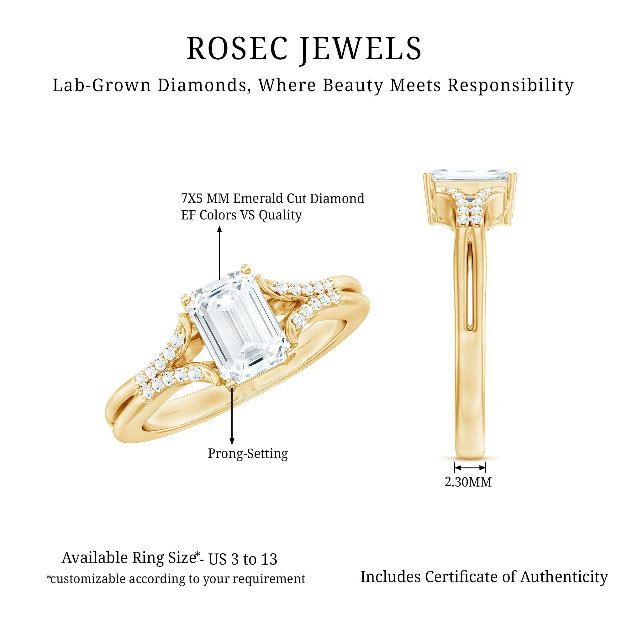 Emerald Cut Lab Diamond Engagement Ring With Split Shank Ring Lab - ( EF-VS ) - Rosec Jewels