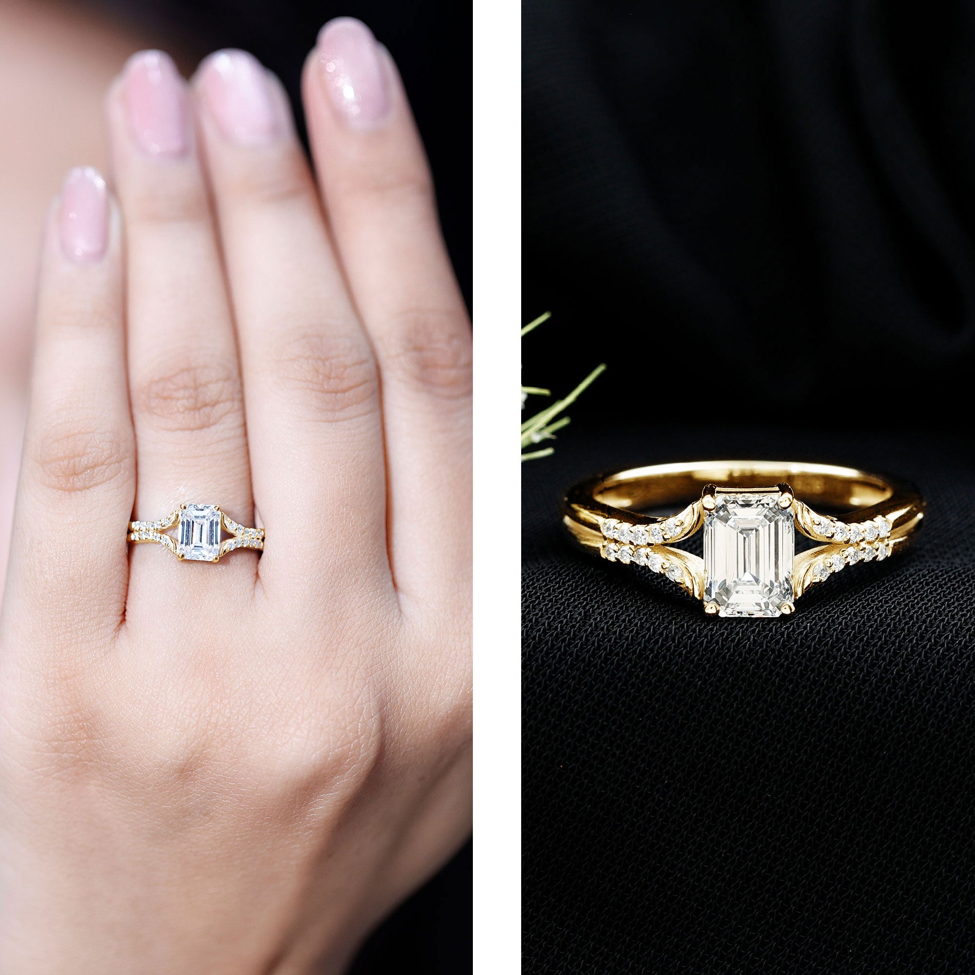Emerald Cut Lab Diamond Engagement Ring With Split Shank Ring Lab - ( EF-VS ) - Rosec Jewels