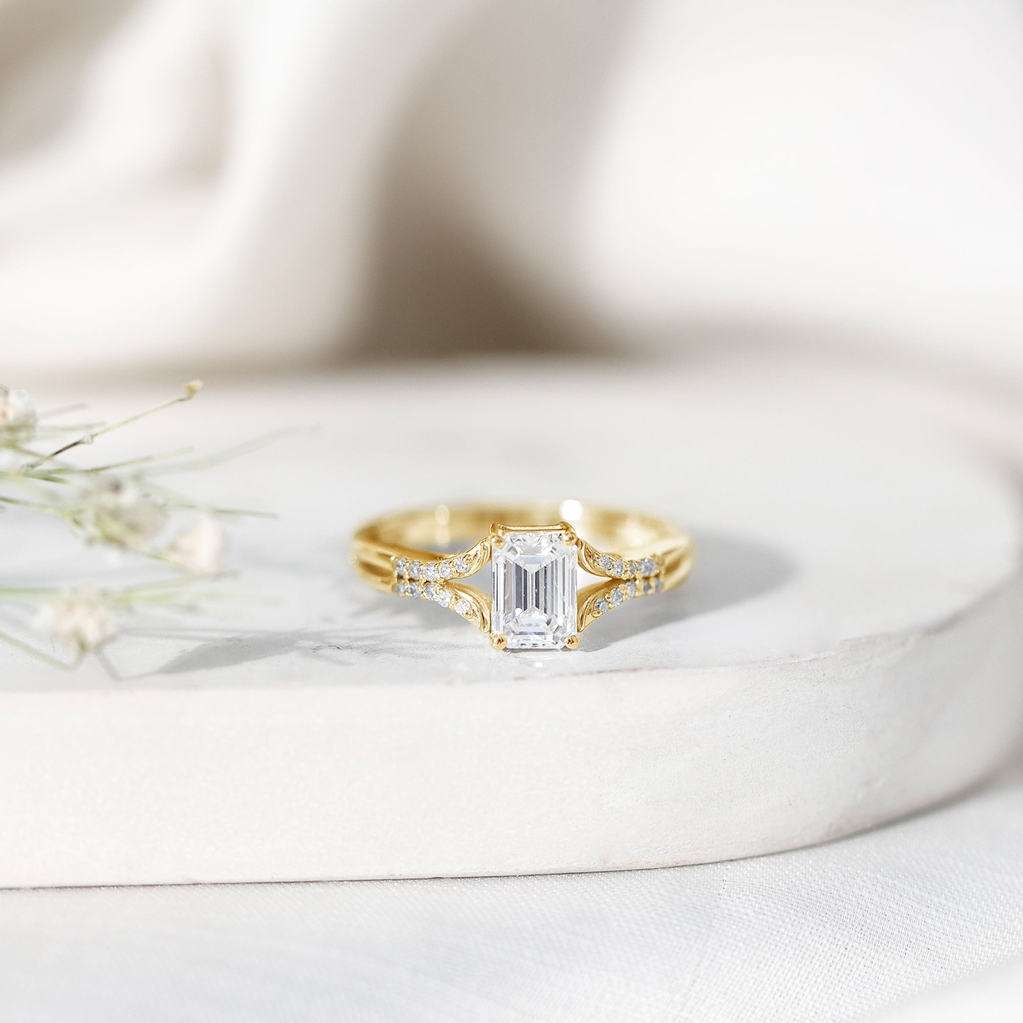 Emerald Cut Lab Diamond Engagement Ring With Split Shank Ring Lab - ( EF-VS ) - Rosec Jewels
