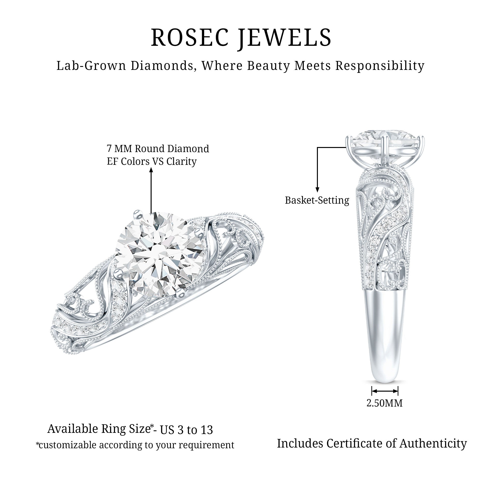Certified Lab Created Diamond Antique Inspired Engagement Ring Lab - ( EF-VS ) - Rosec Jewels