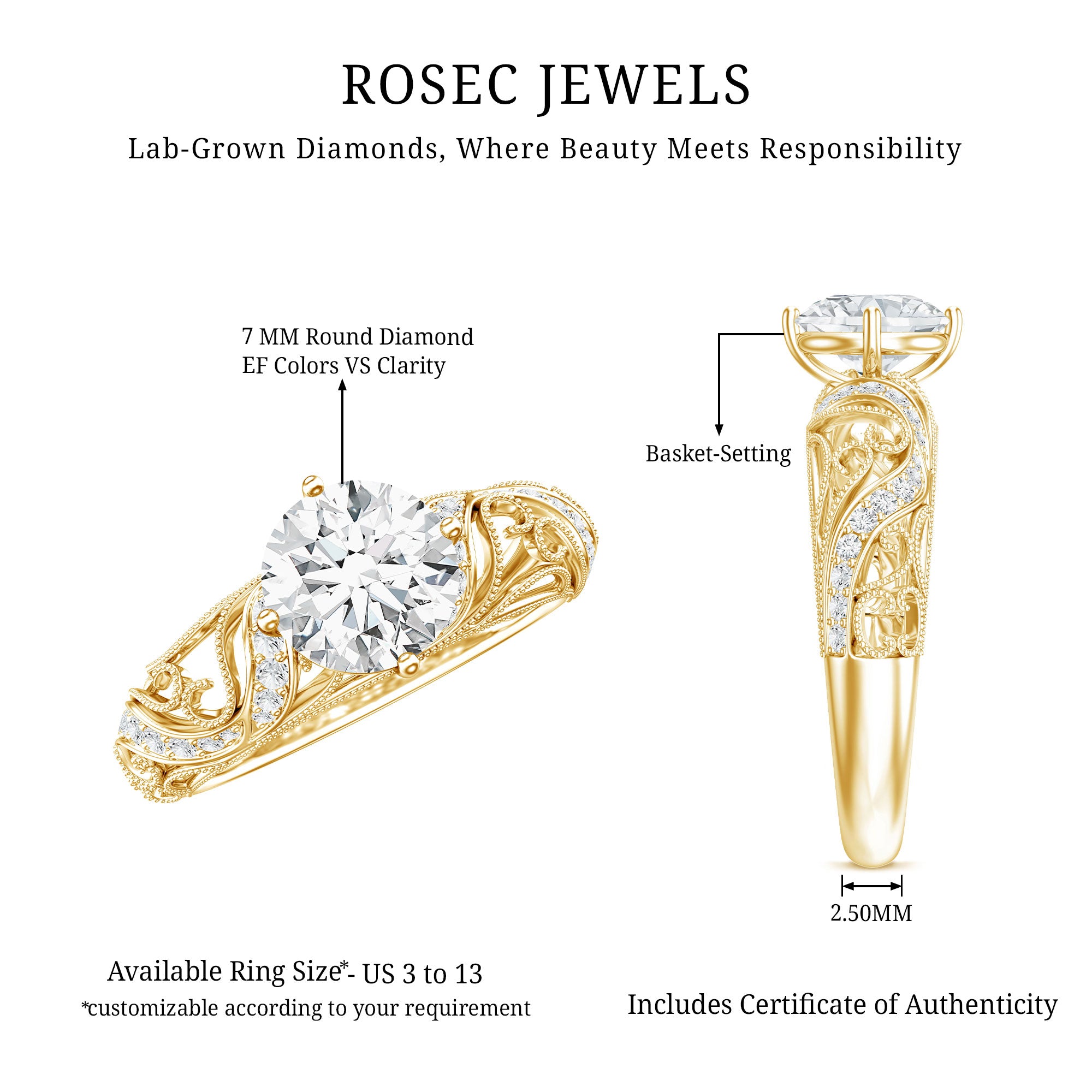 Certified Lab Created Diamond Antique Inspired Engagement Ring Lab - ( EF-VS ) - Rosec Jewels