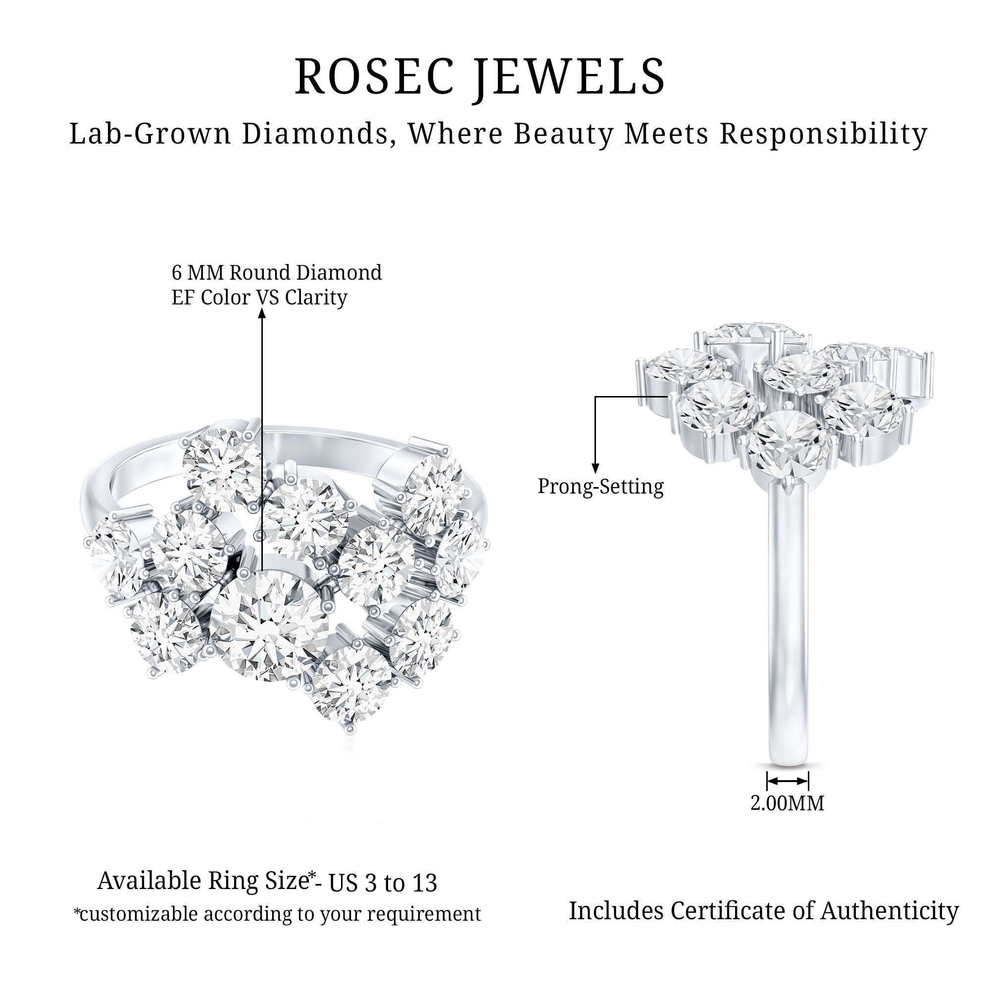Certified Lab Grown Diamond Statement Engagement Ring for Women Lab - ( EF-VS ) - Rosec Jewels