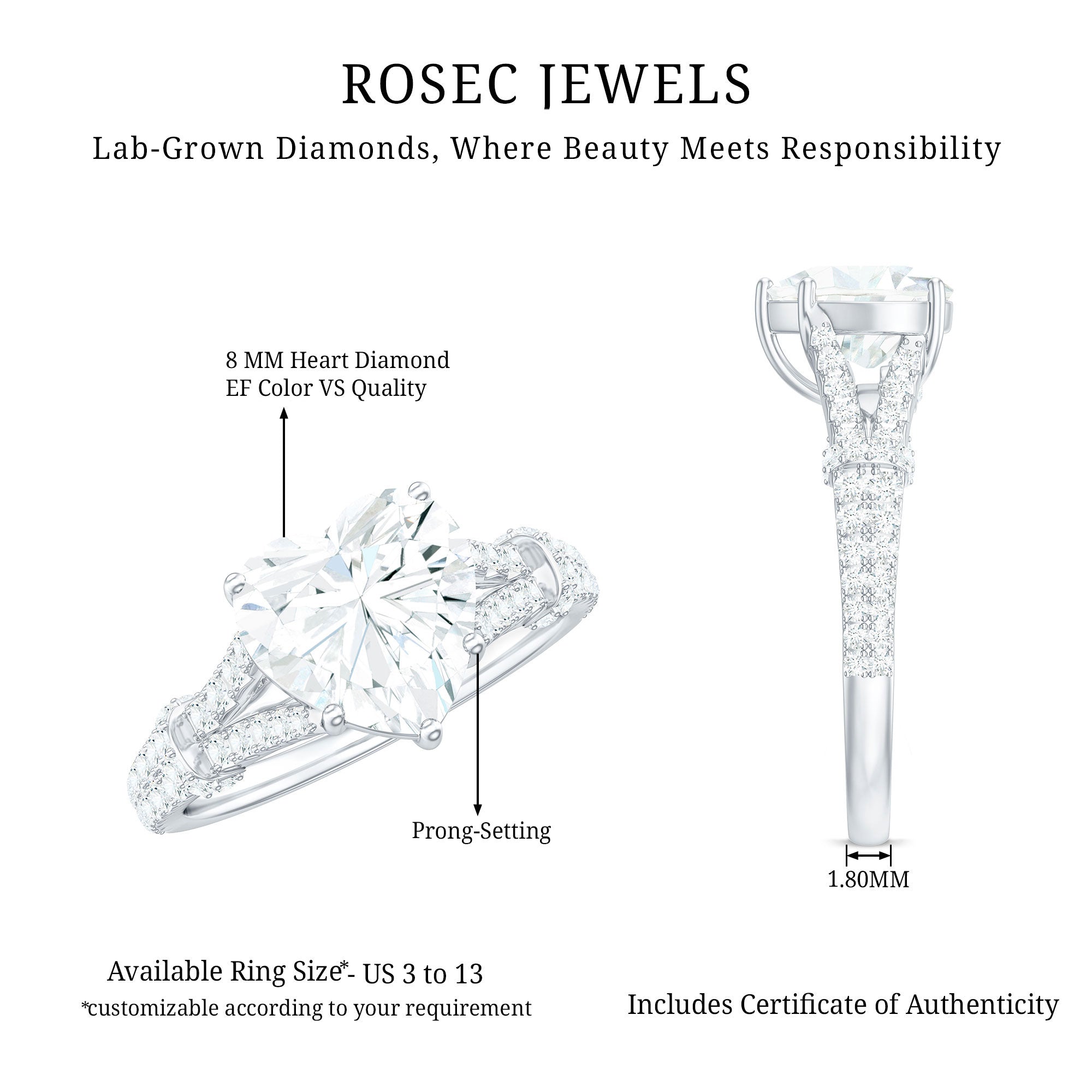 Rosec Jewels-8 mm Lab Grown Diamond Heart Shape Engagement Ring