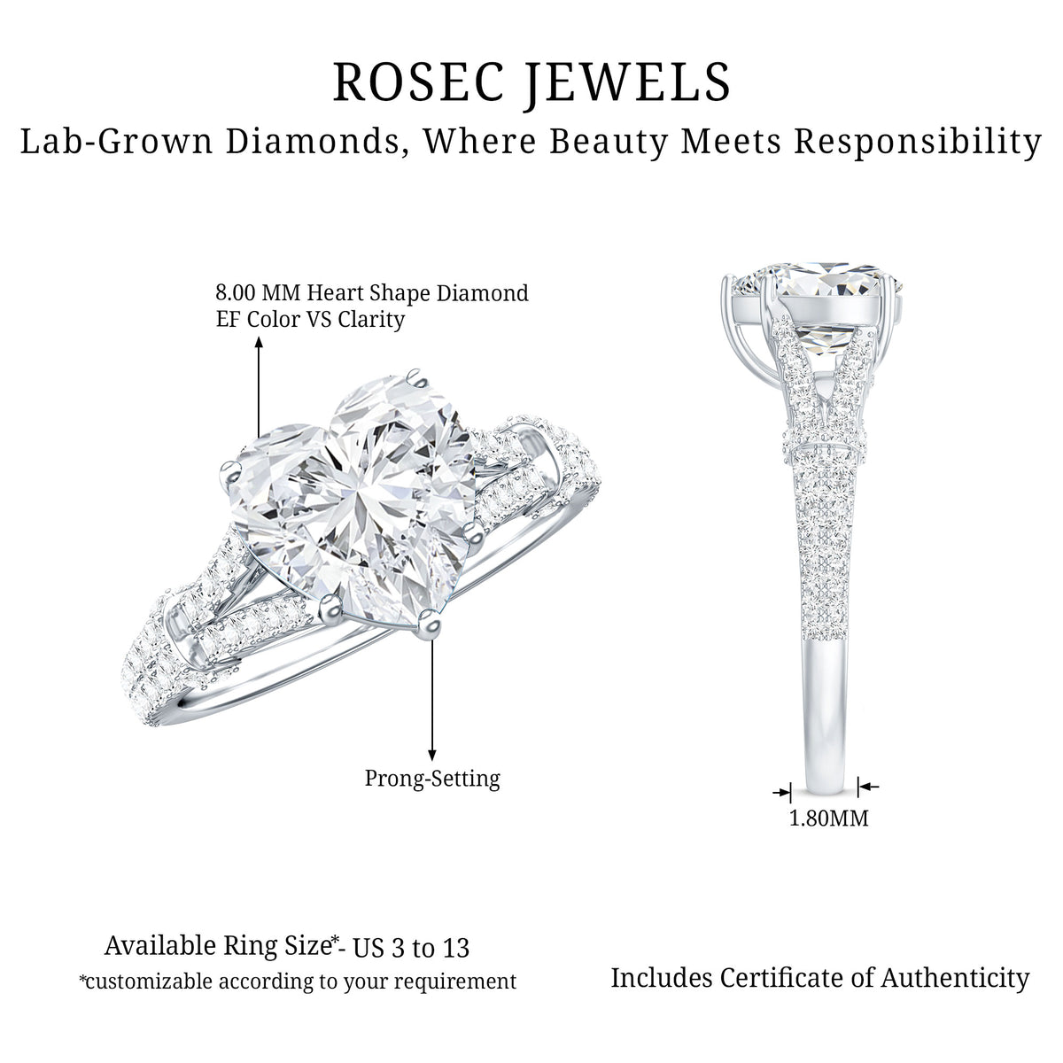 2 Carat Lab Grown Diamond Heart Shape Engagement Ring Lab - ( EF-VS ) - Rosec Jewels