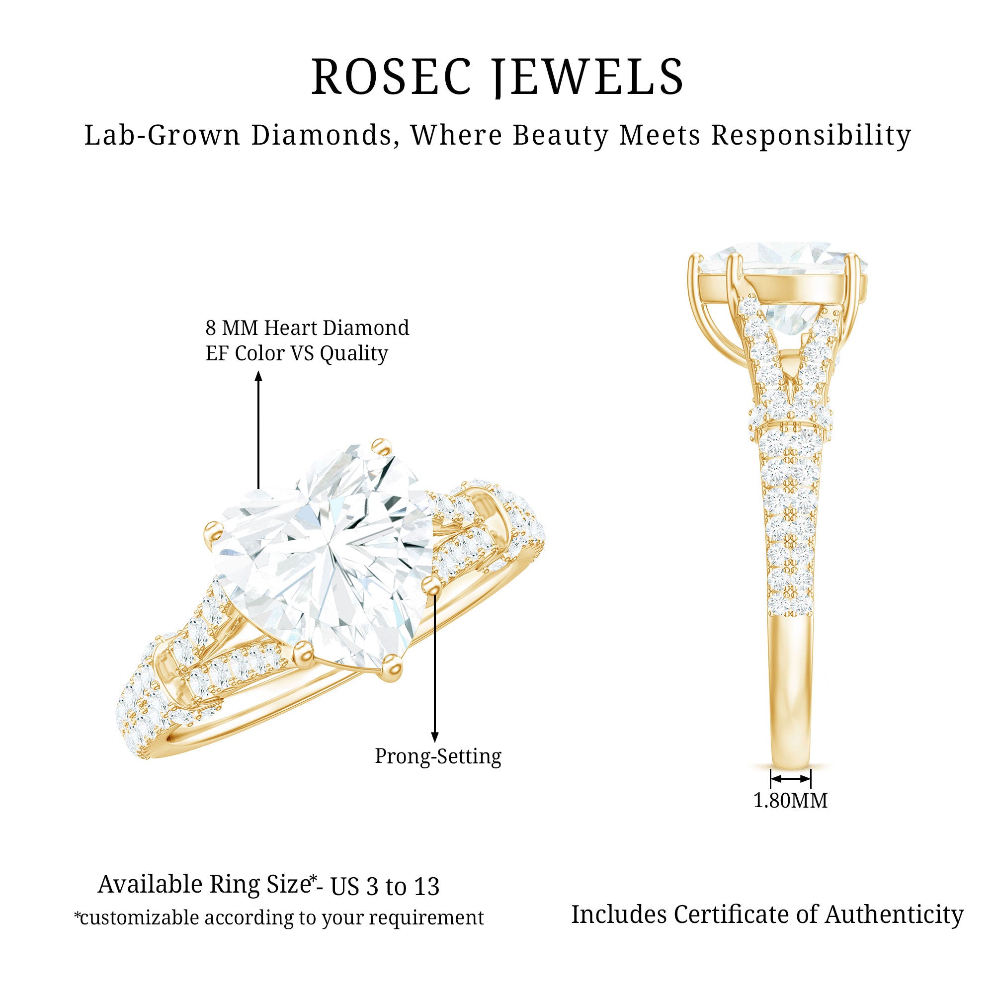 Rosec Jewels-8 mm Lab Grown Diamond Heart Shape Engagement Ring