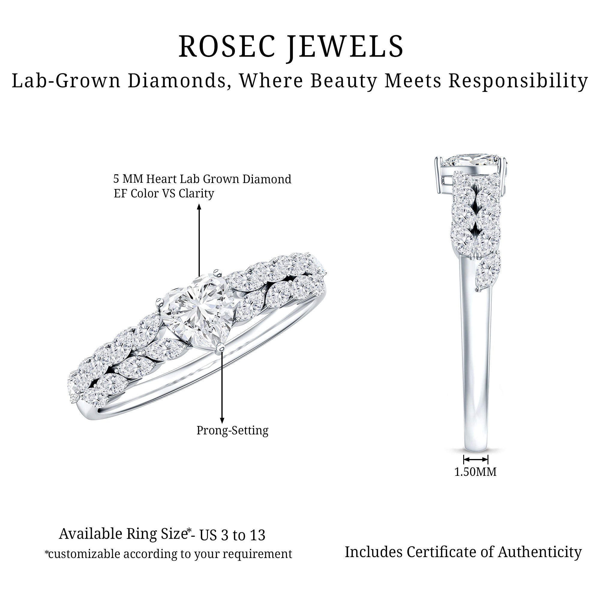 Brilliant Cut Lab Diamond Heart Shaped Promise Ring for Women Lab - ( EF-VS ) - Rosec Jewels