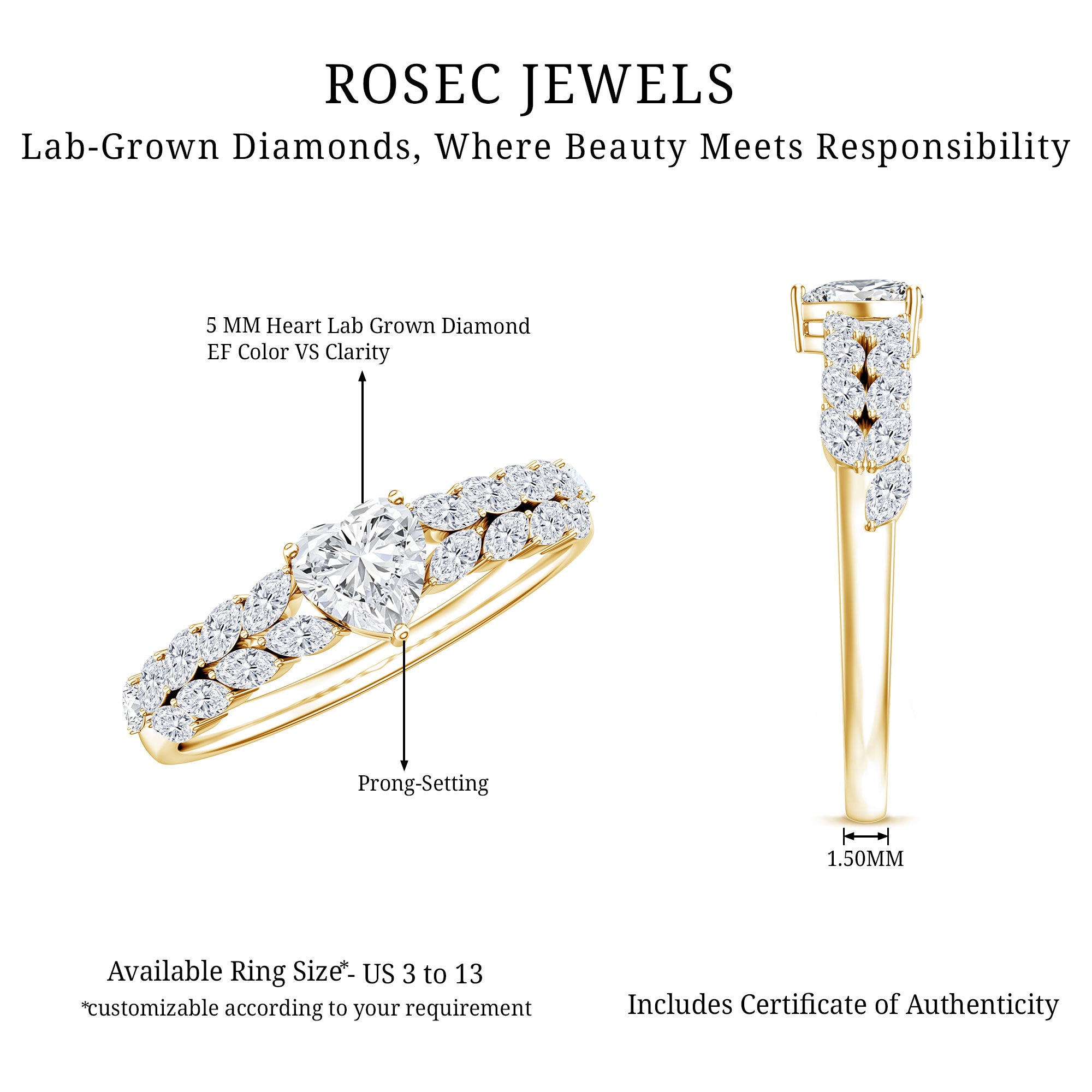 Brilliant Cut Lab Diamond Heart Shaped Promise Ring for Women Lab - ( EF-VS ) - Rosec Jewels