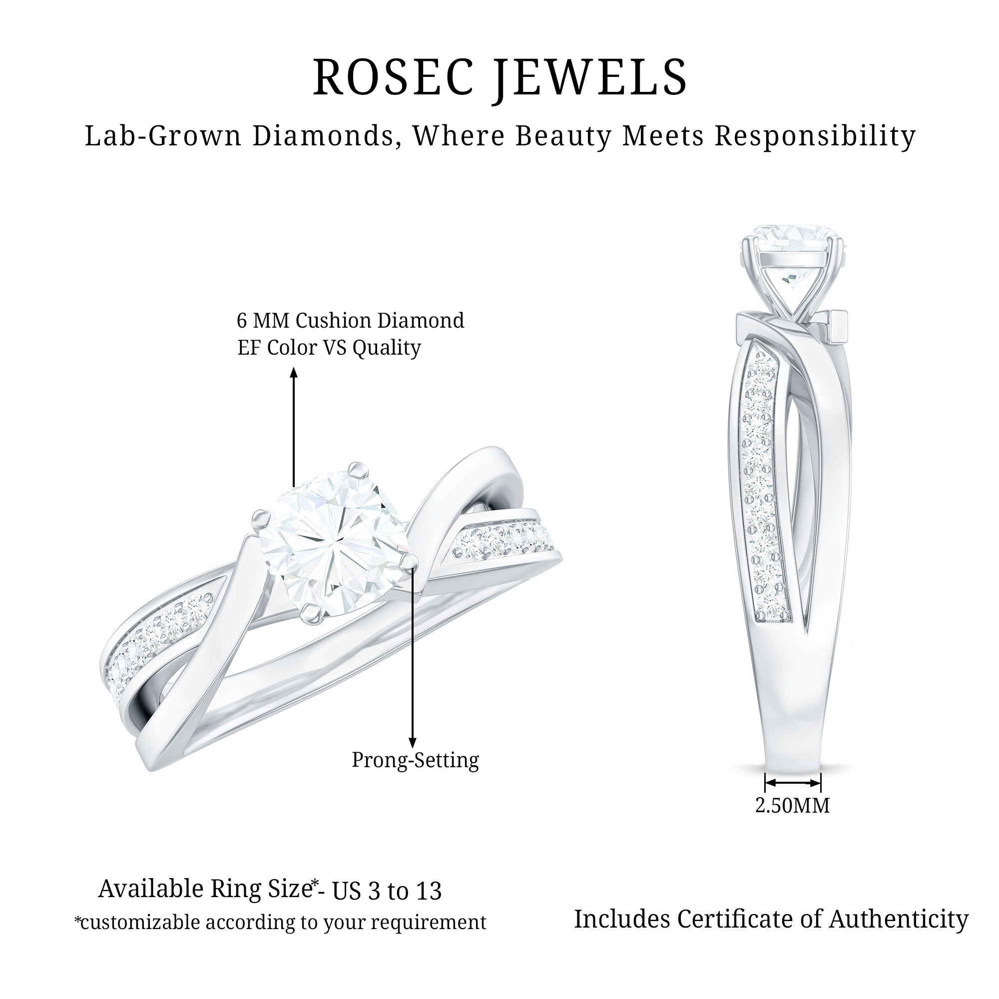 Rosec Jewels-Cushion Cut Diamond Infinity Solitaire Ring with Side Stones