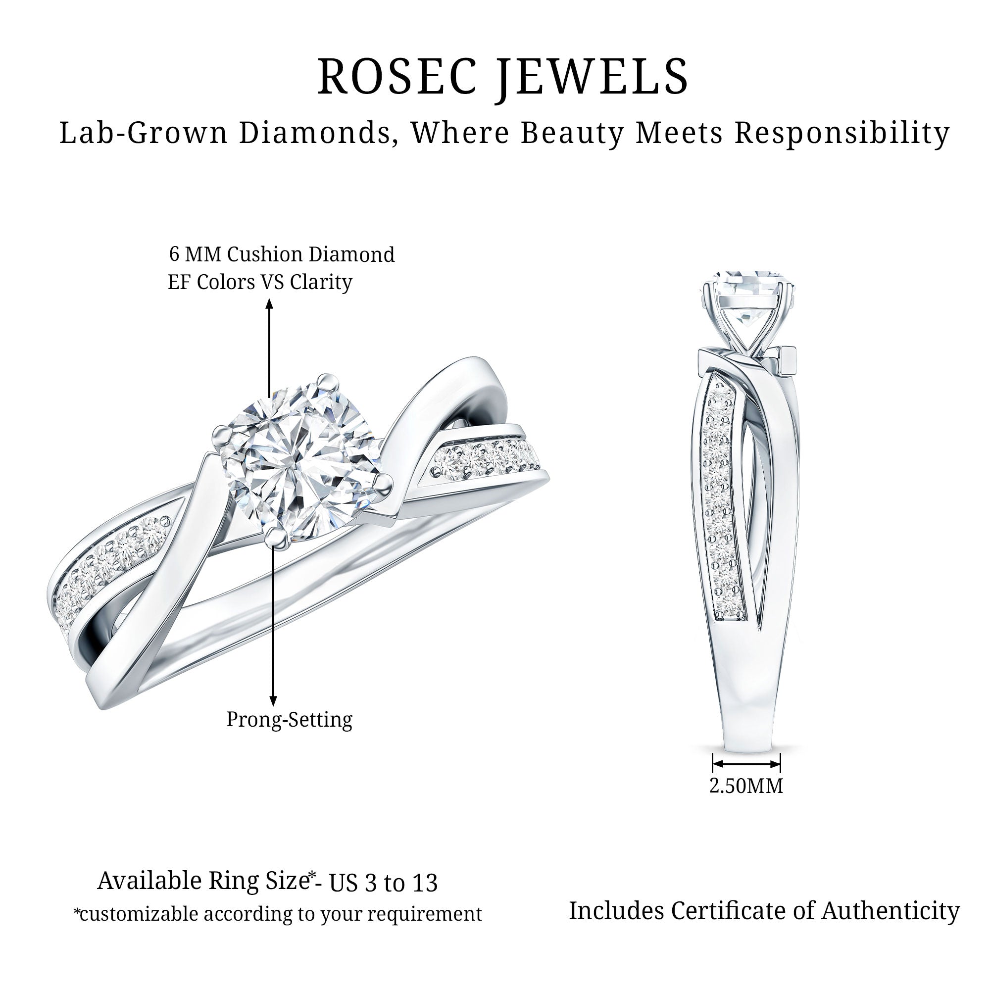 Cushion Cut Diamond Infinity Solitaire Ring with Side Stones Lab - ( EF-VS ) - Rosec Jewels