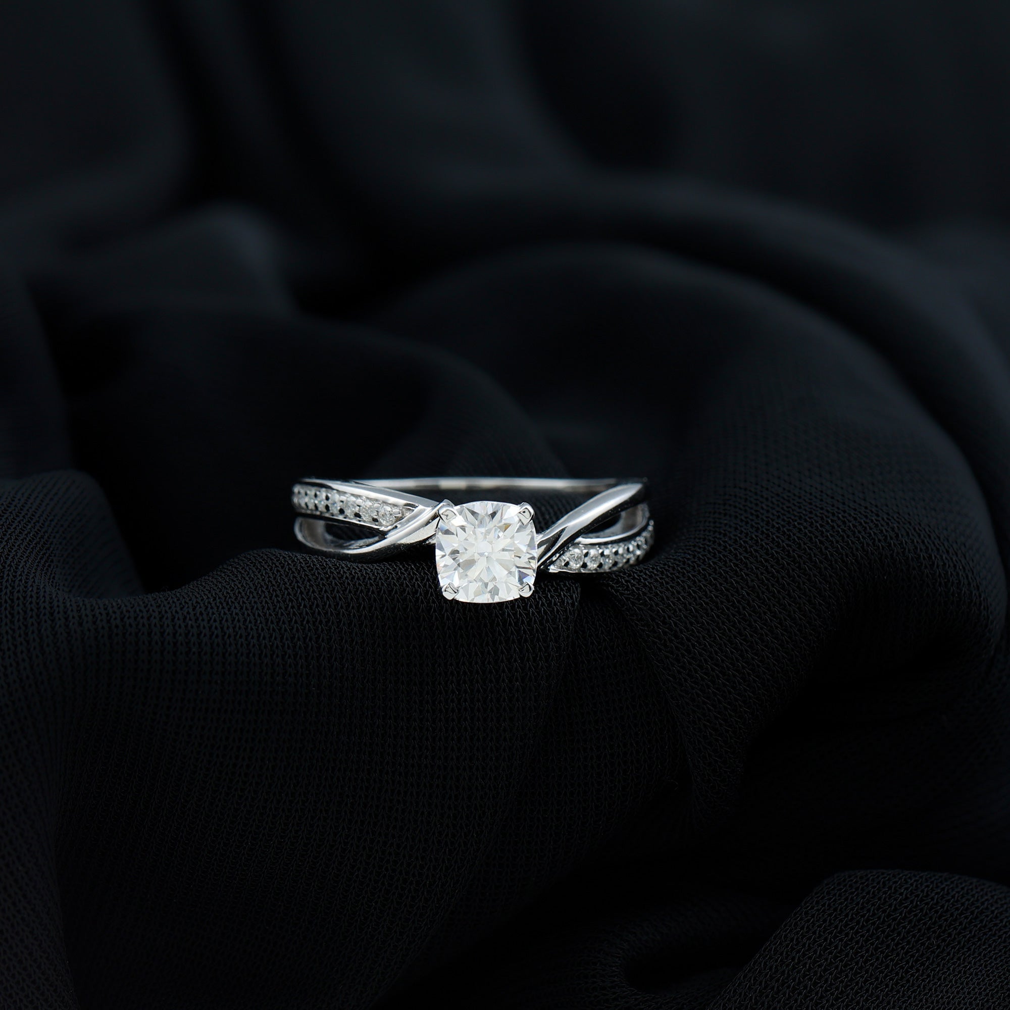 Rosec Jewels-Cushion Cut Diamond Infinity Solitaire Ring with Side Stones