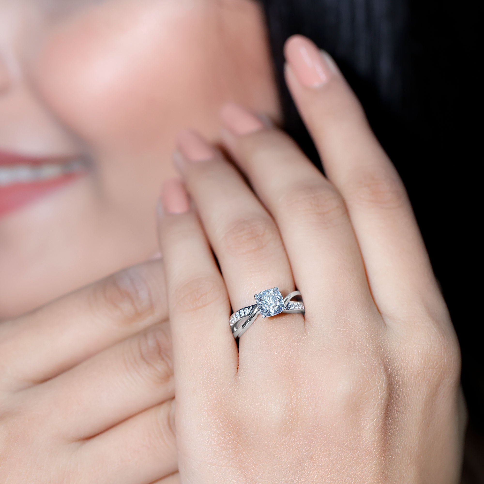 Cushion Cut Diamond Infinity Solitaire Ring with Side Stones Lab - ( EF-VS ) - Rosec Jewels