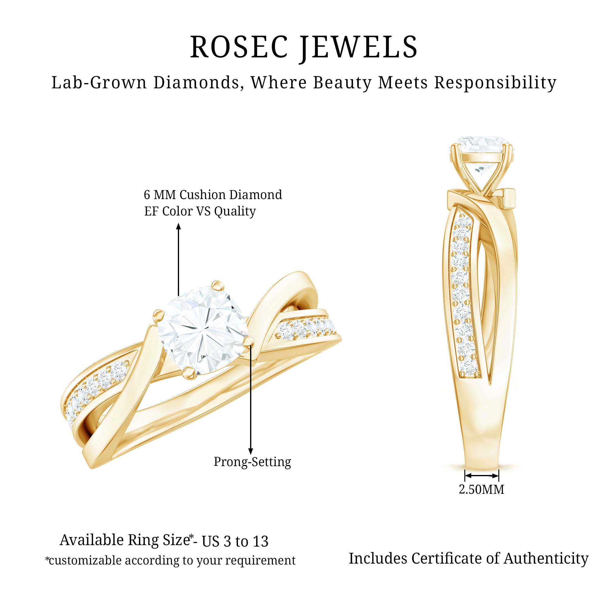 Cushion Cut Diamond Infinity Solitaire Ring with Side Stones Lab - ( EF-VS ) - Rosec Jewels