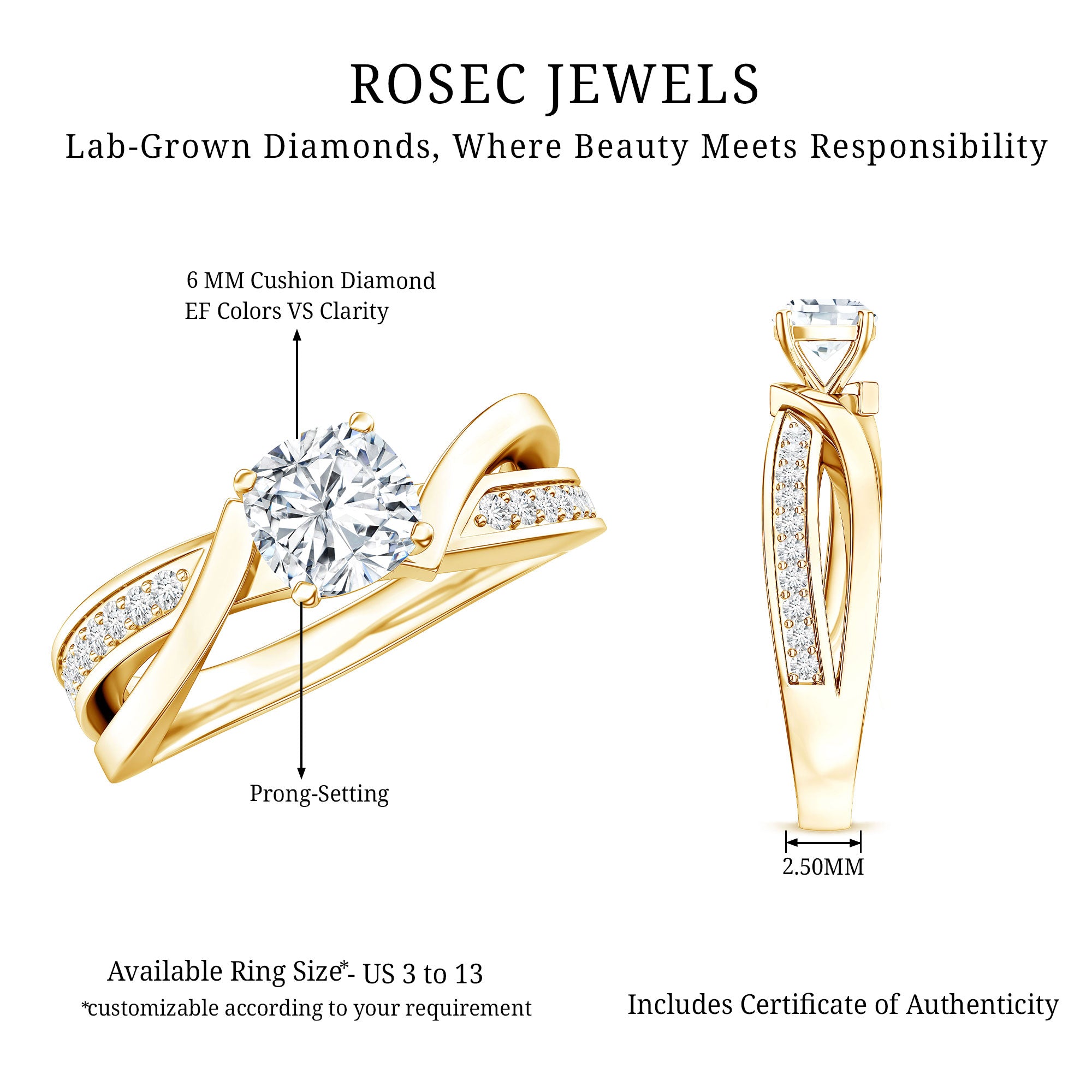 Cushion Cut Diamond Infinity Solitaire Ring with Side Stones Lab - ( EF-VS ) - Rosec Jewels