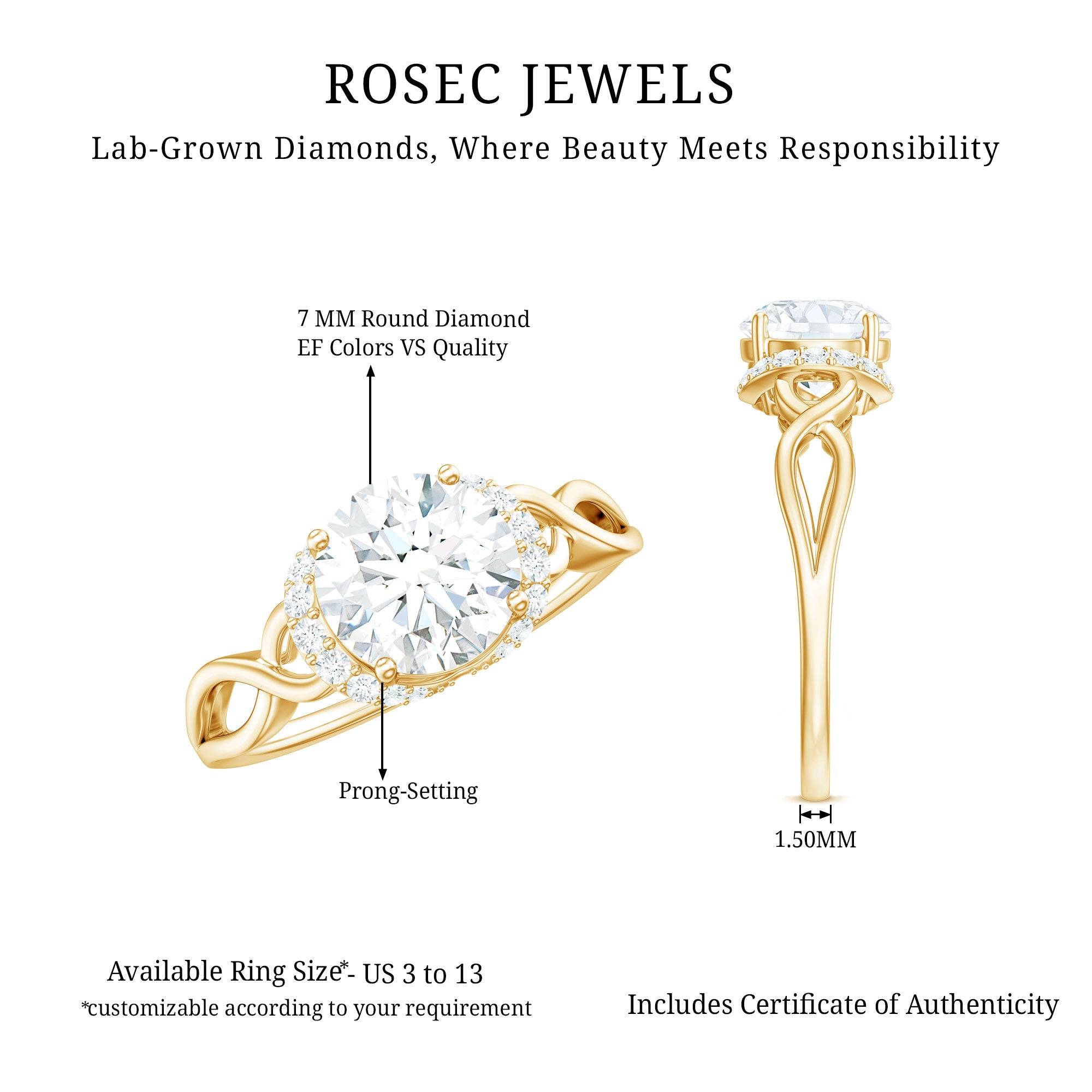 Rosec Jewels-7 MM Round Lab Created Diamond Solitaire Infinity Ring for Her