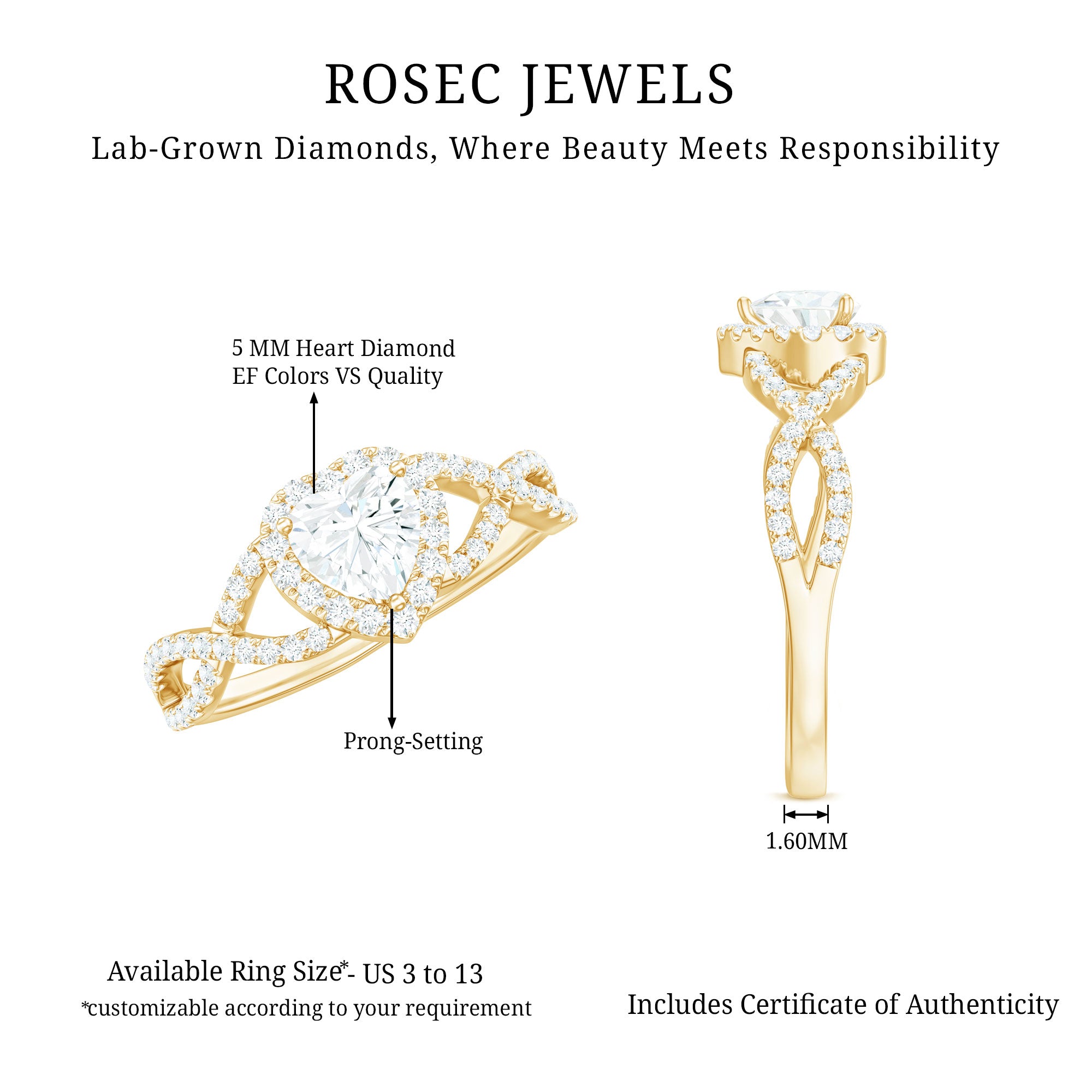 Lab Grown Diamond Heart Engagement Ring with Halo Design Lab - ( EF-VS ) - Rosec Jewels