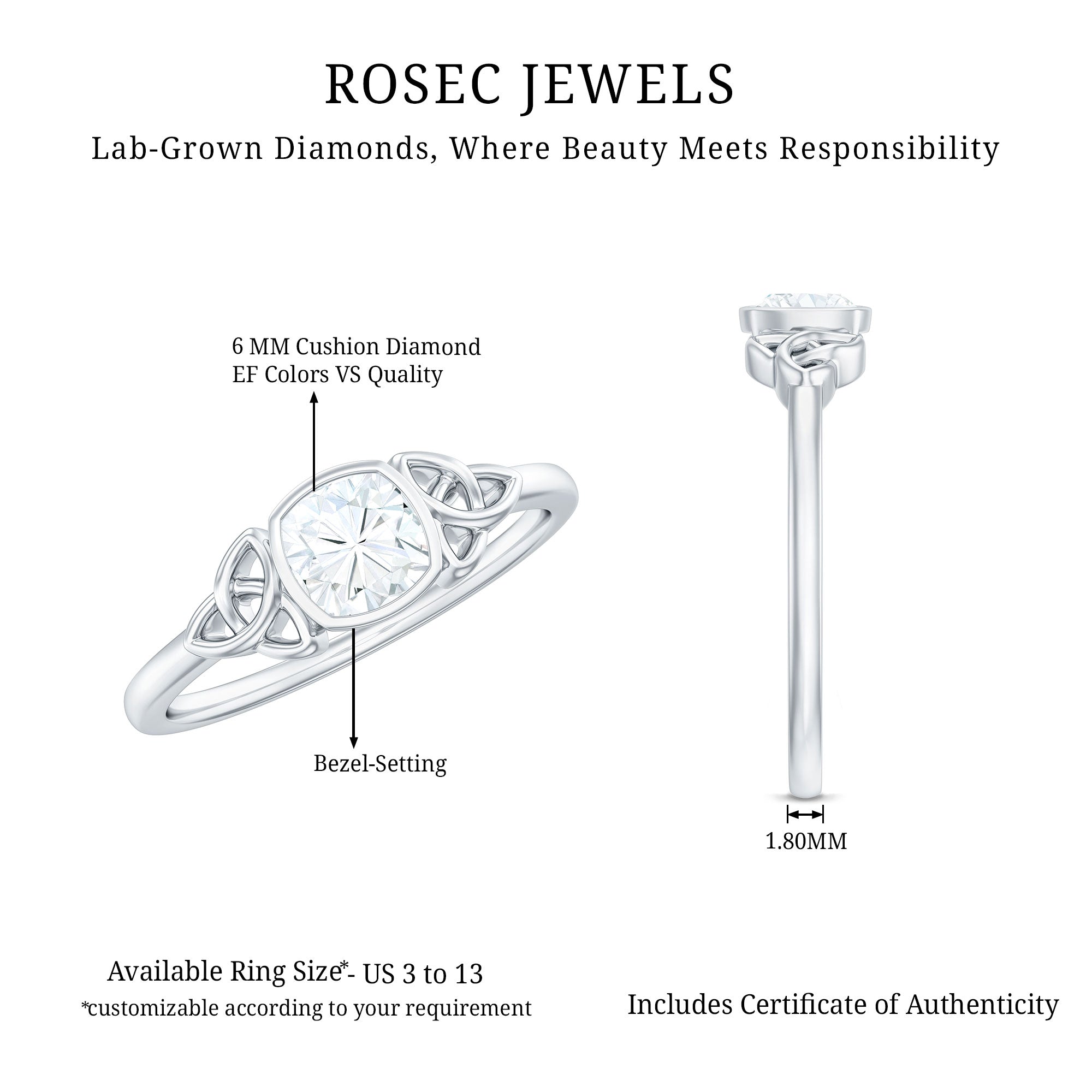 Certified Cushion Cut Diamond Knot Promise Ring Lab - ( EF-VS ) - Rosec Jewels