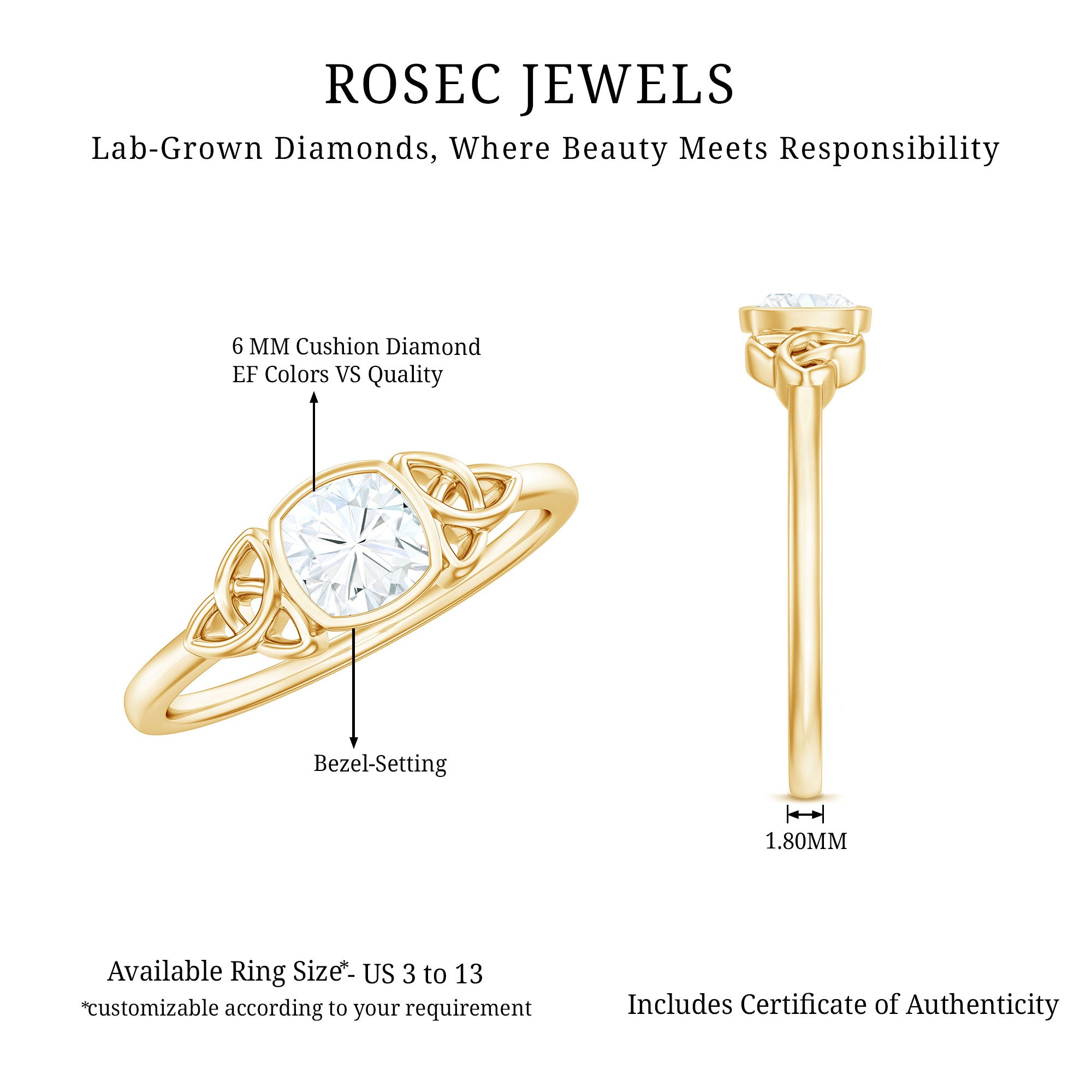 Certified Cushion Cut Diamond Knot Promise Ring Lab - ( EF-VS ) - Rosec Jewels