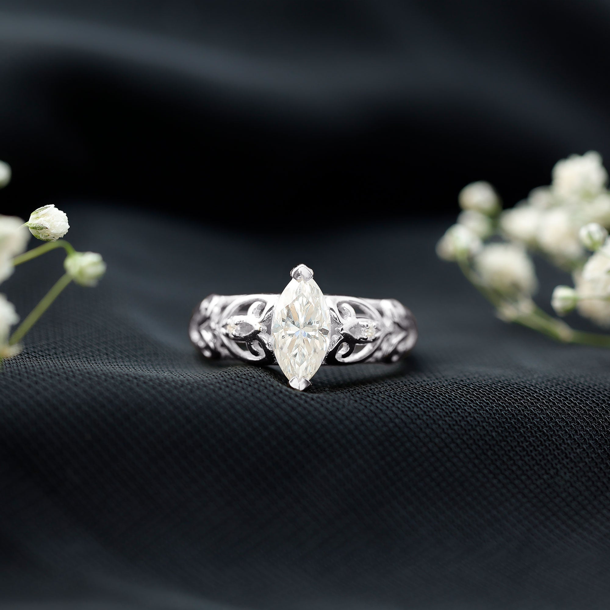 Marquise Cut Lab Grown Diamond Solitaire Filigree Engagement Ring Lab - ( EF-VS ) - Rosec Jewels