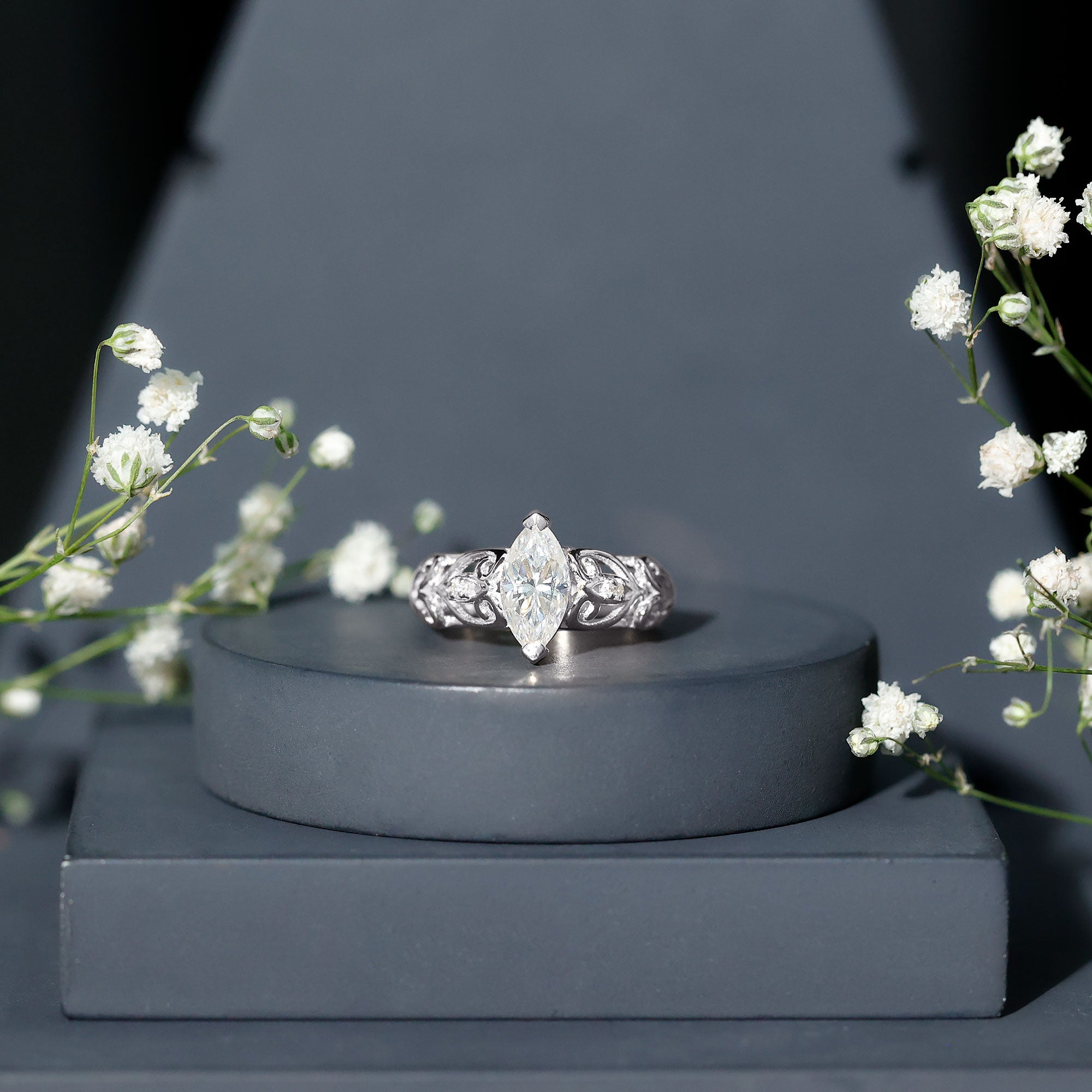 Marquise Cut Lab Grown Diamond Solitaire Filigree Engagement Ring Lab - ( EF-VS ) - Rosec Jewels