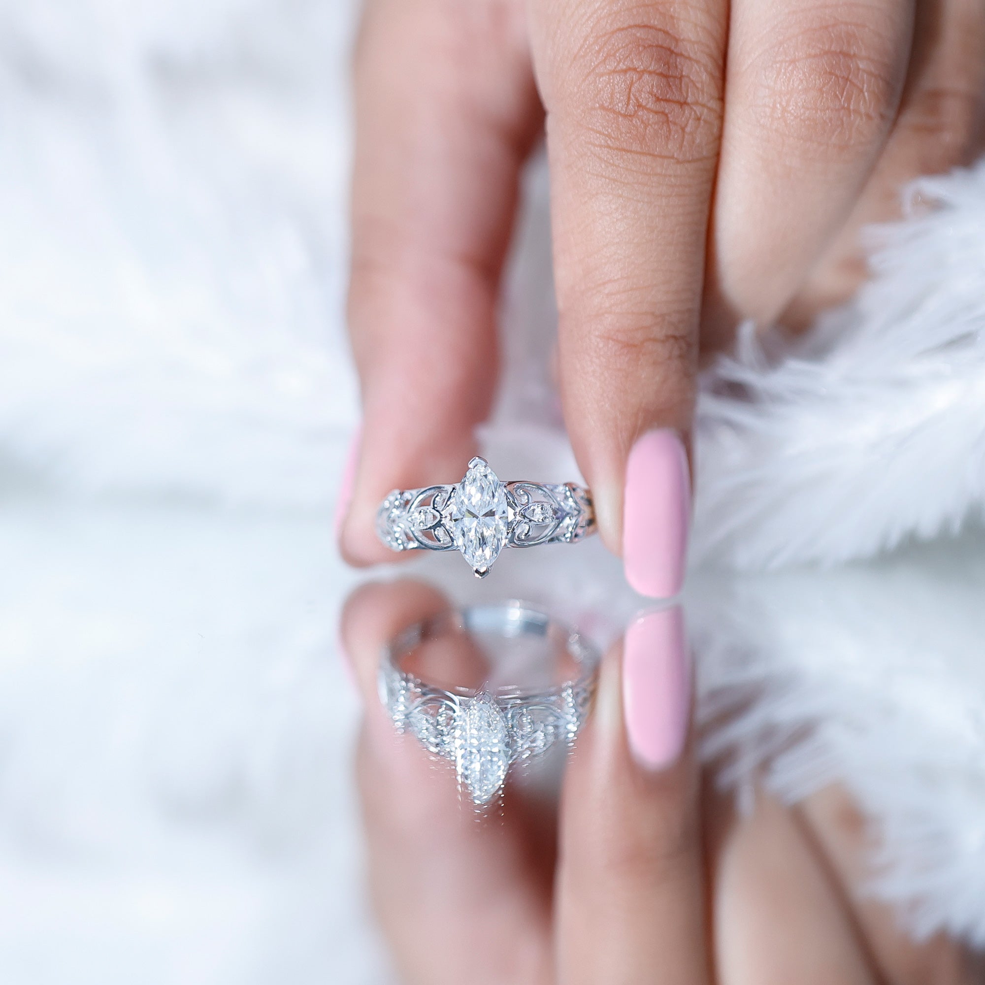 Marquise Cut Lab Grown Diamond Solitaire Filigree Engagement Ring Lab - ( EF-VS ) - Rosec Jewels